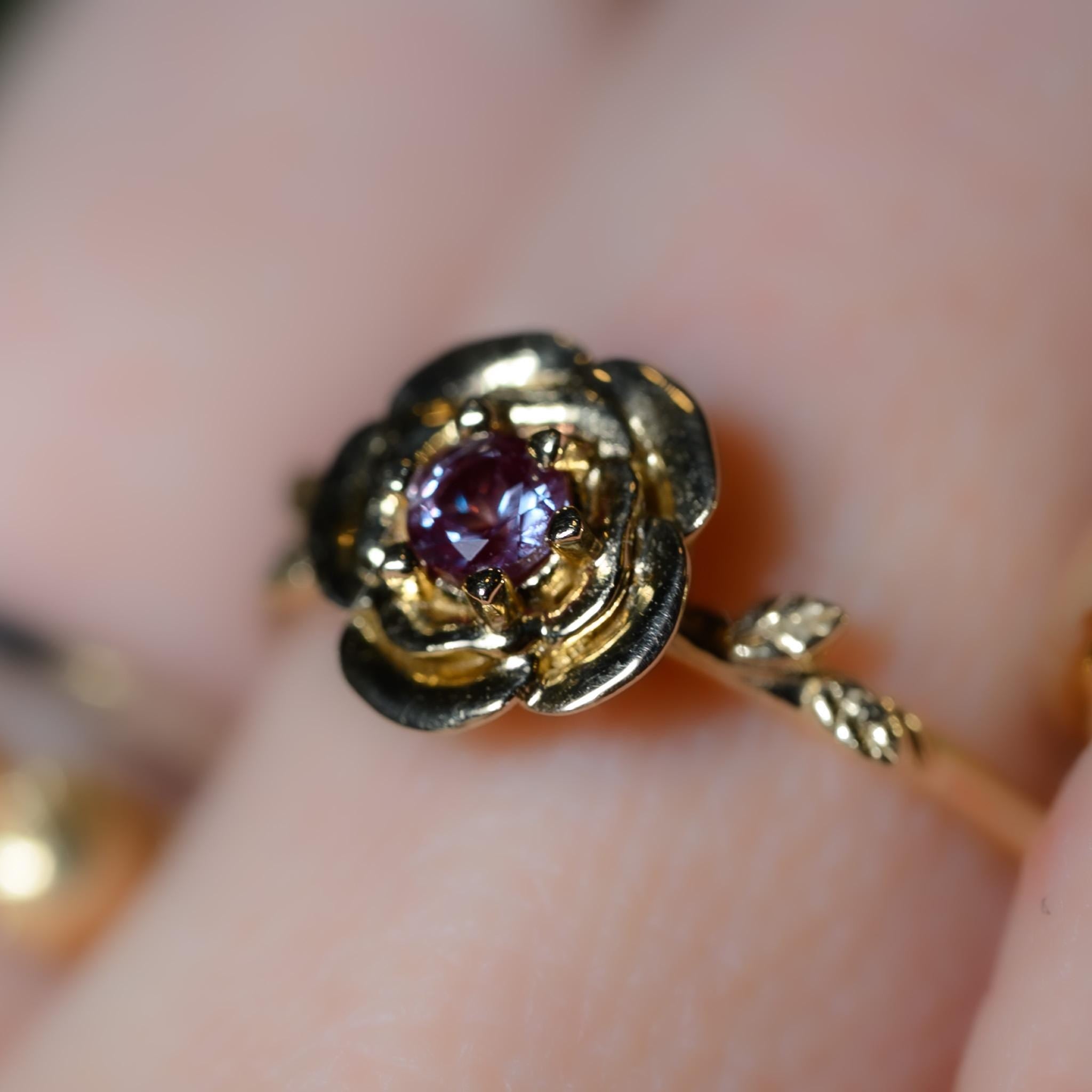 Solid Gold Rose Birth Flower Ring with Lab-Made Alexandrite