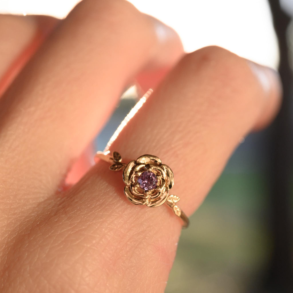 Solid Gold Rose Birth Flower Ring with Lab-Made Alexandrite