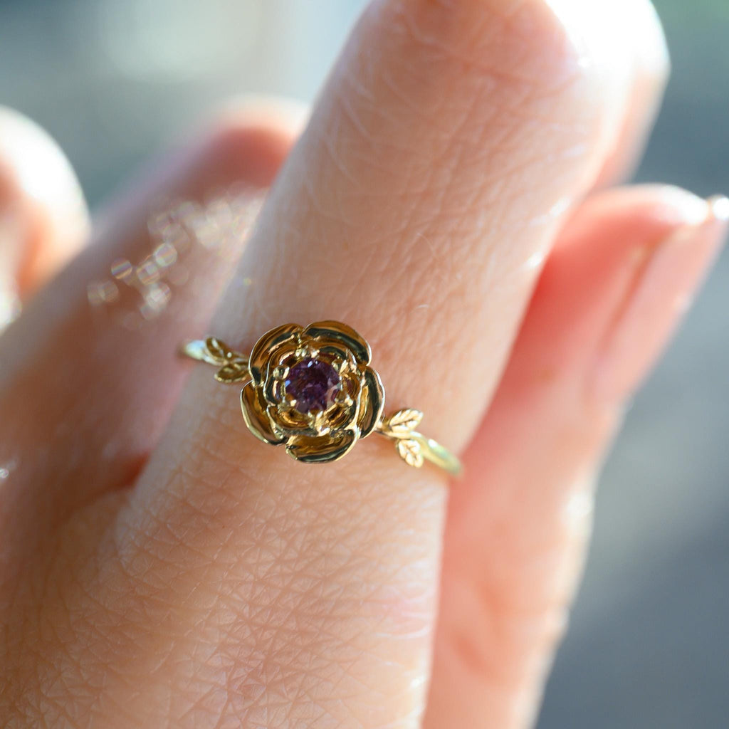 Solid Gold Rose Birth Flower Ring with Lab-Made Alexandrite