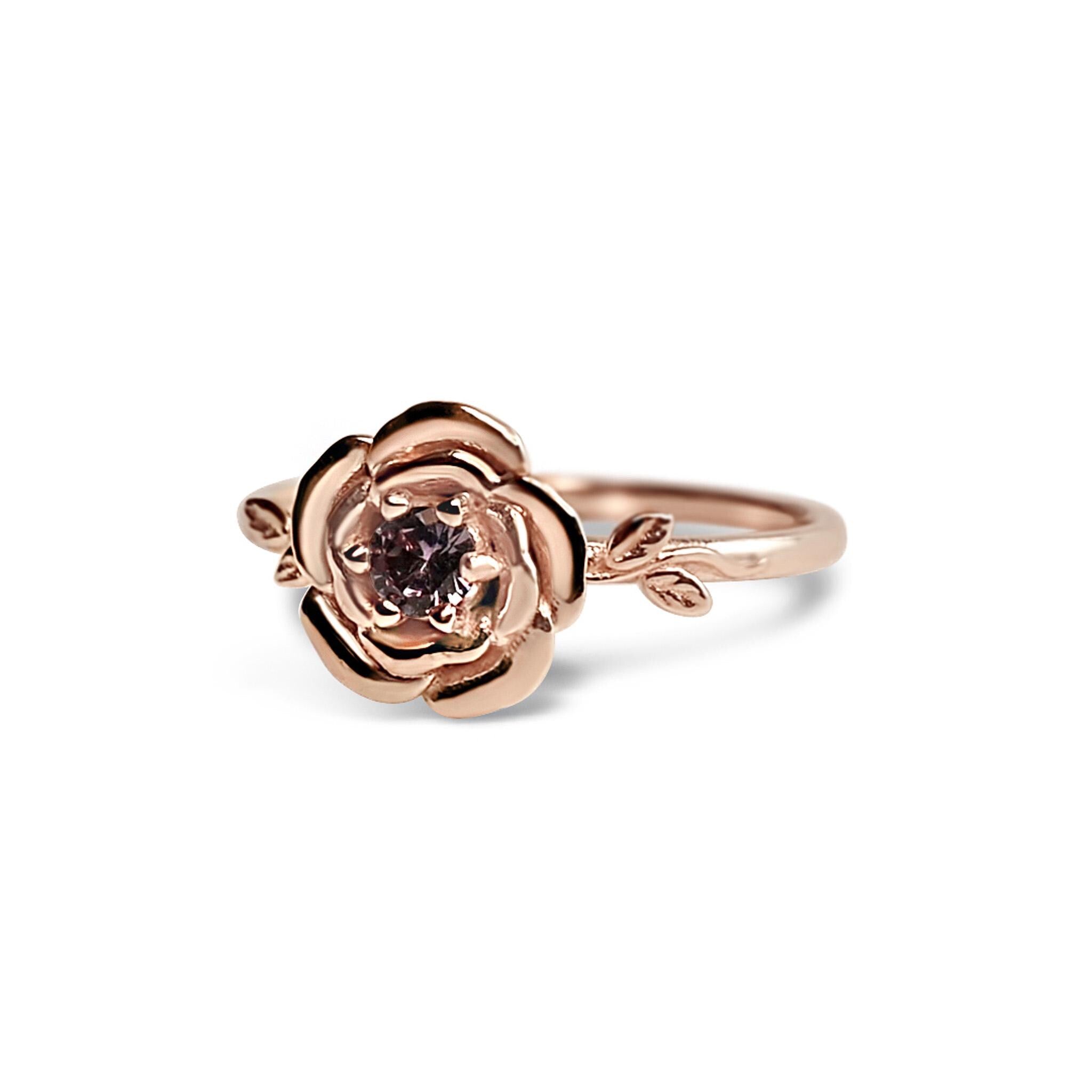Solid Gold Rose Birth Flower Ring with Lab-Made Alexandrite