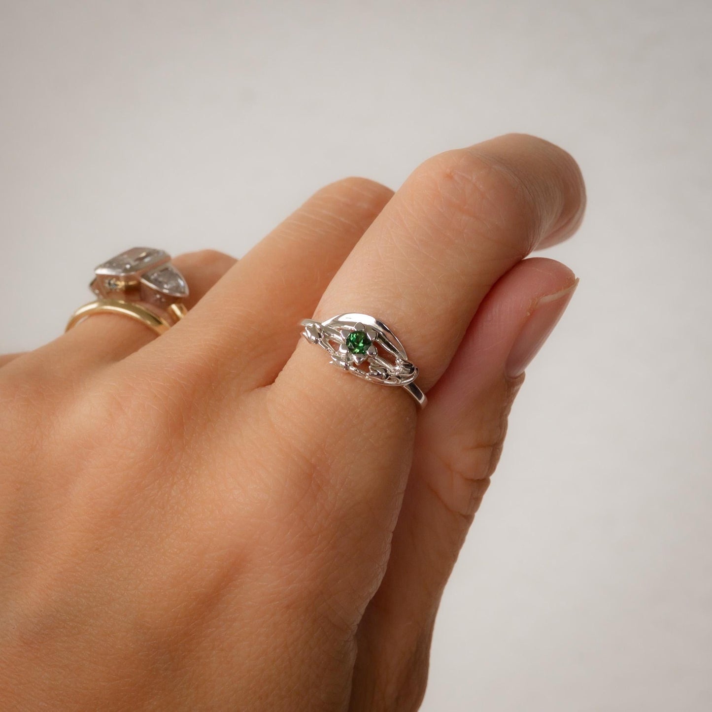 Solid Gold Lily of the Valley Ring with AA Lab-Made Emerald