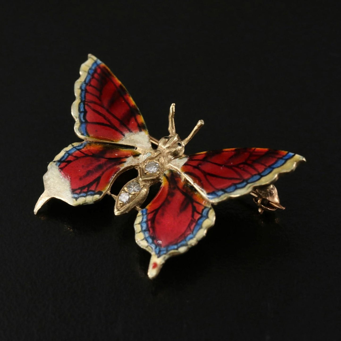 14k Vintage Gold Diamond & Enamel Butterfly Brooch