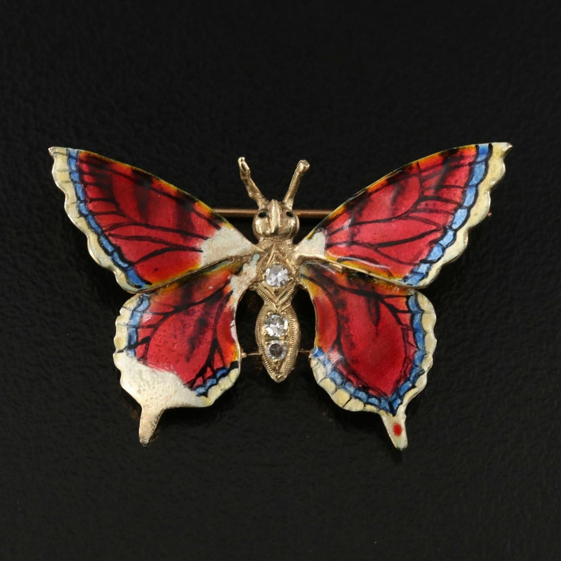 14k Vintage Gold Diamond & Enamel Butterfly Brooch