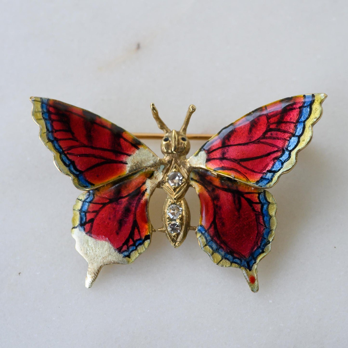 14k Vintage Gold Diamond & Enamel Butterfly Brooch