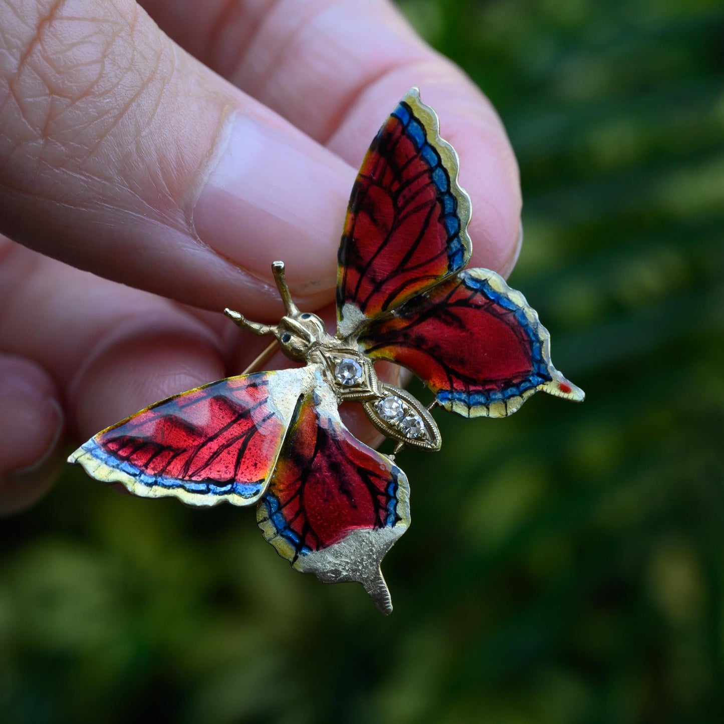14k Vintage Gold Diamond & Enamel Butterfly Brooch