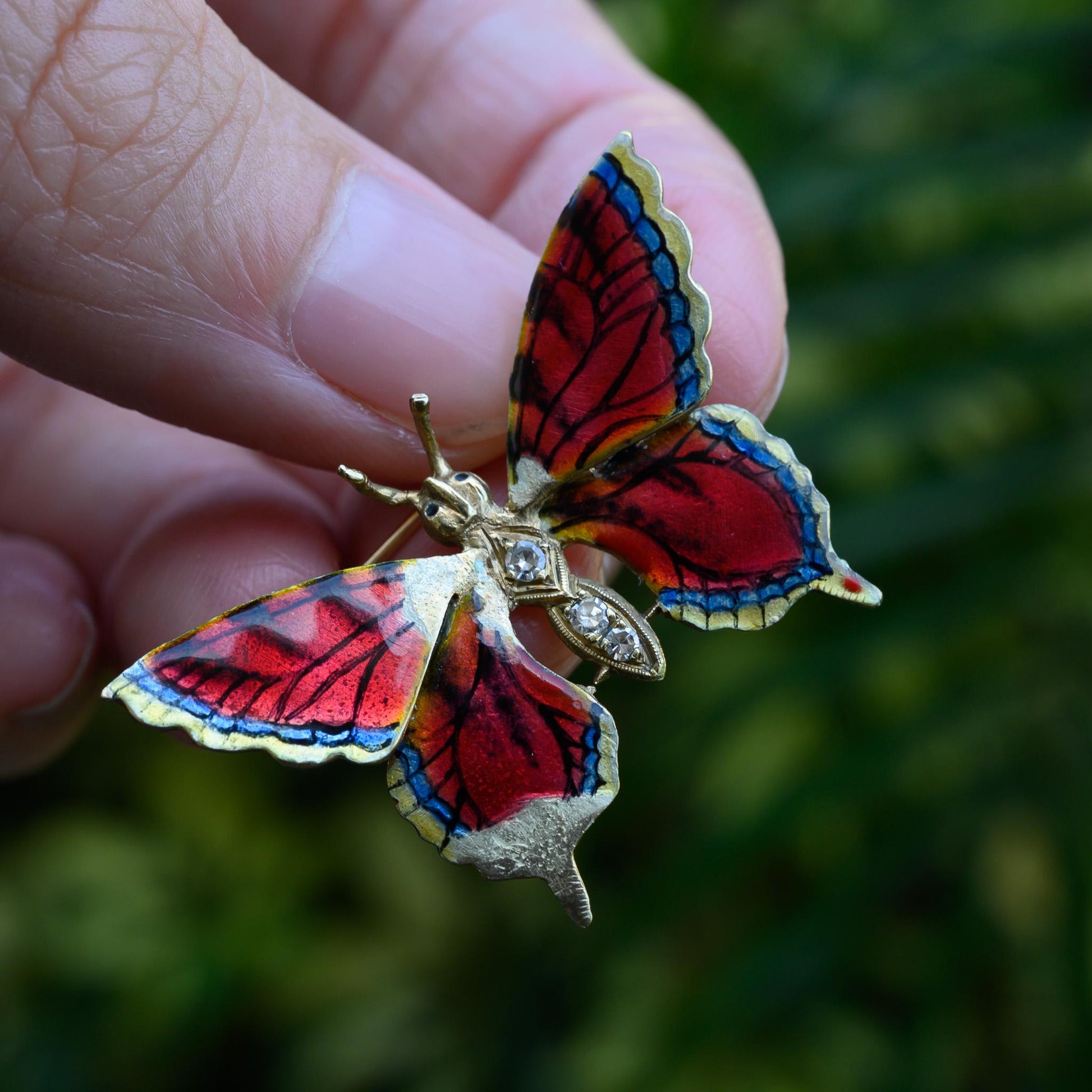 14k Vintage Gold Diamond & Enamel Butterfly Brooch