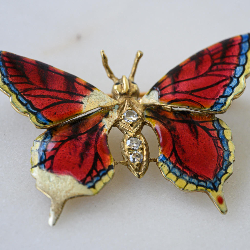 14k Vintage Gold Diamond & Enamel Butterfly Brooch