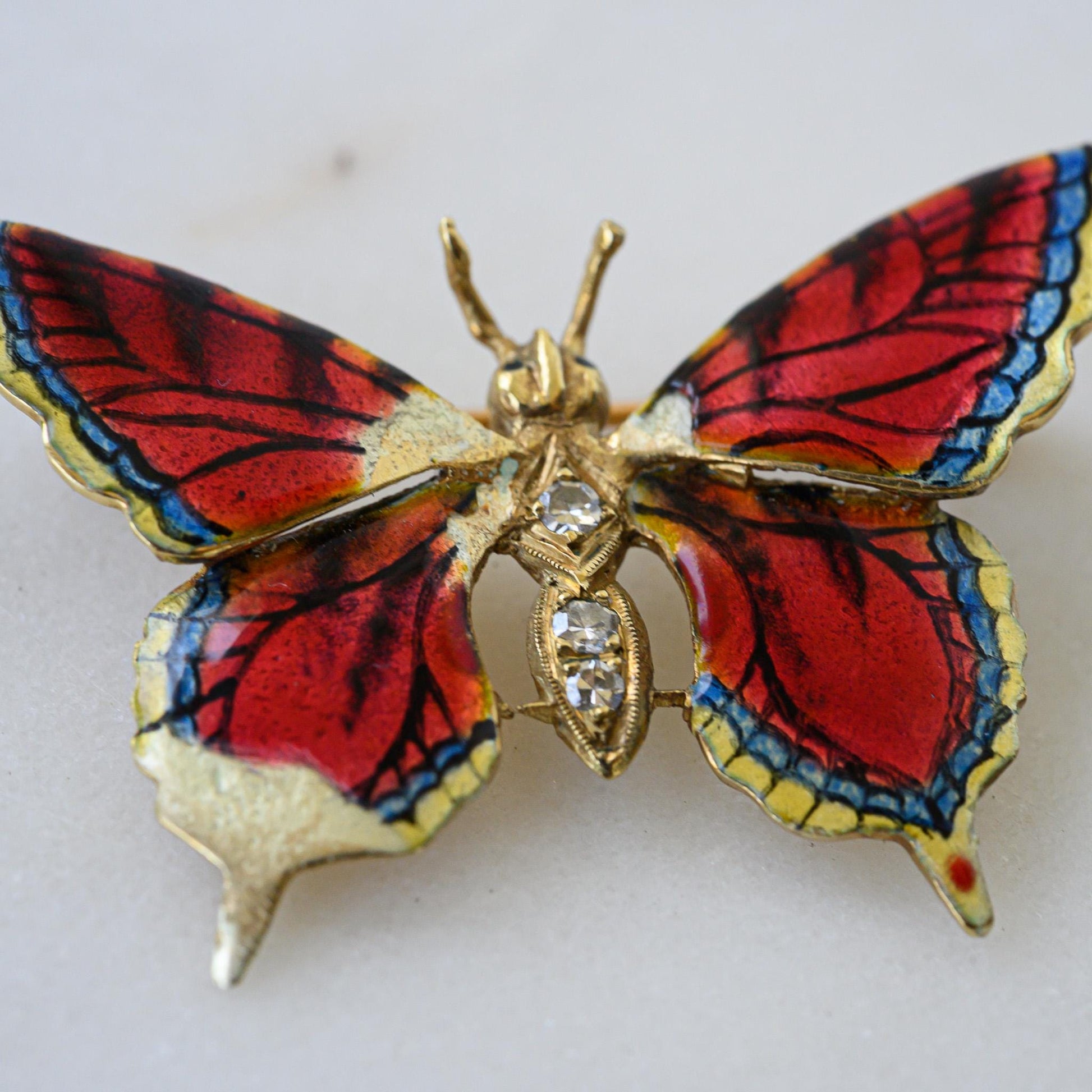 14k Vintage Gold Diamond & Enamel Butterfly Brooch