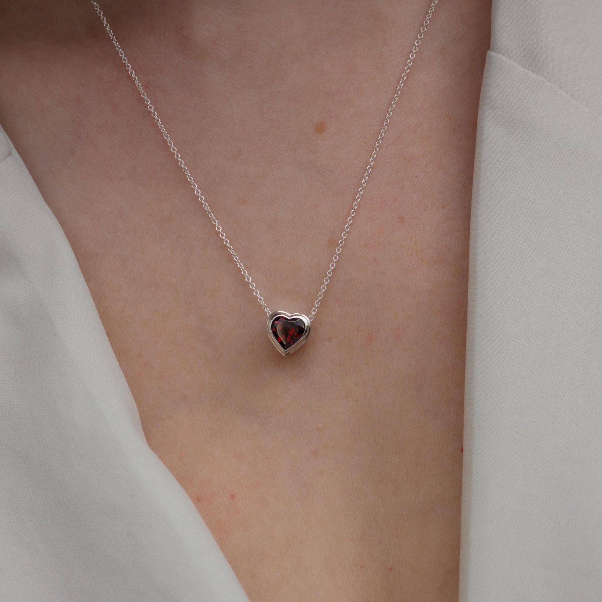 Sterling Silver Garnet Heart Necklace – 7mm Heart, Adjustable 16-18” Cable Chain – Handmade January Birthstone Jewelry –by AmeliaRayJewelry