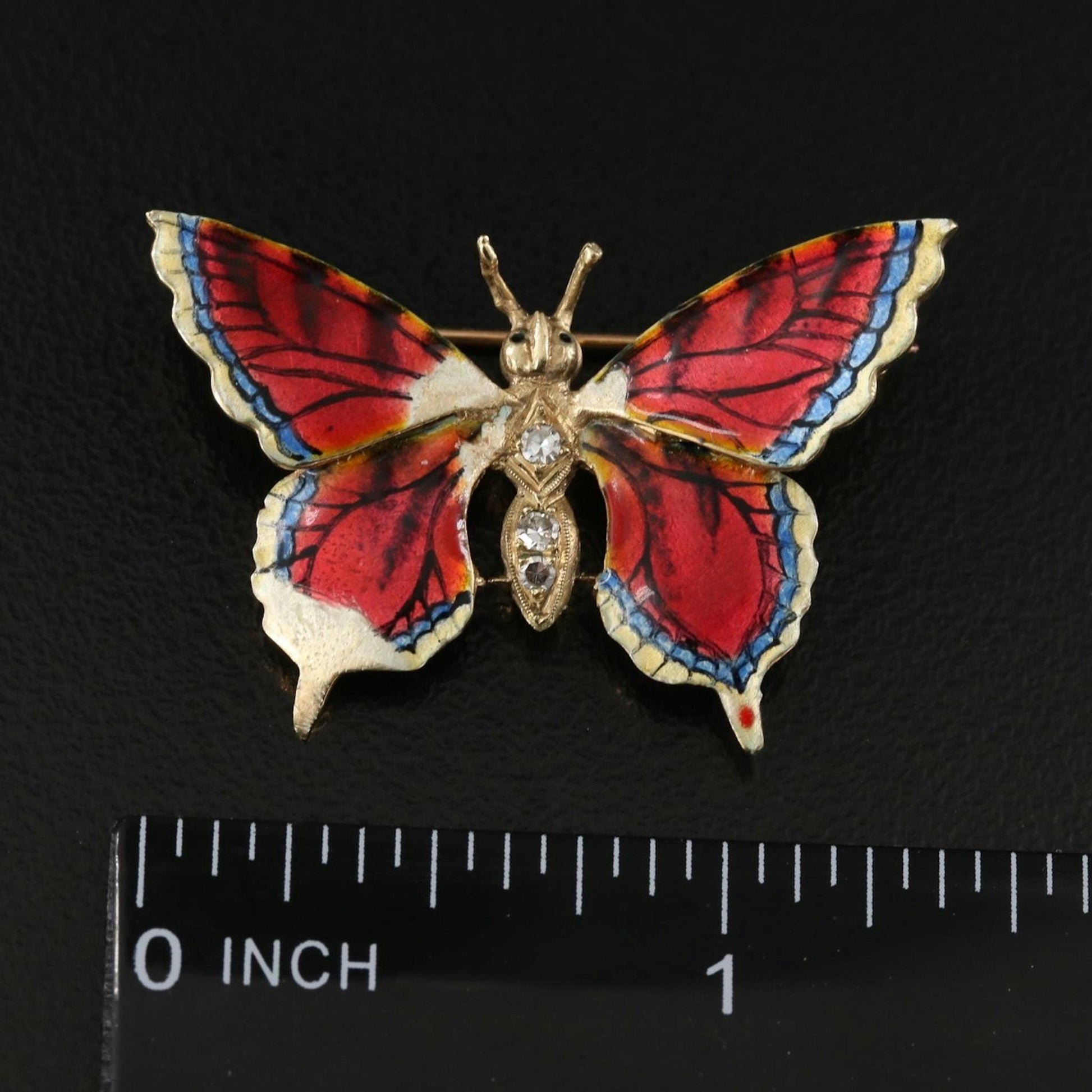 14k Vintage Gold Diamond & Enamel Butterfly Brooch