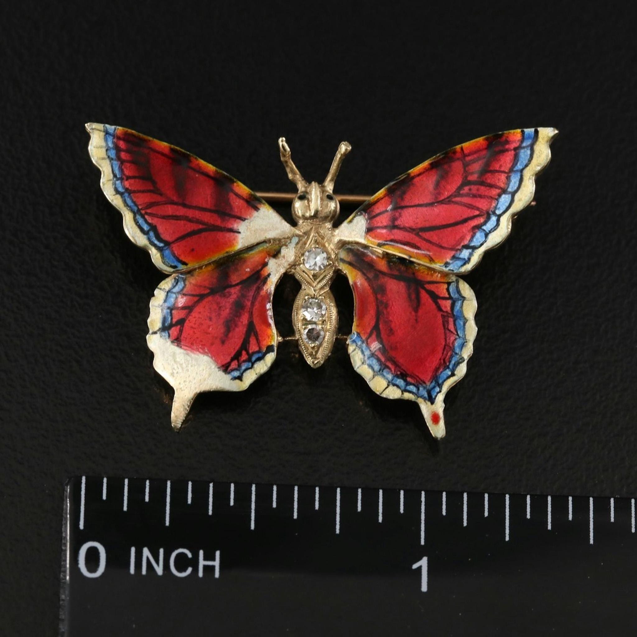 14k Vintage Gold Diamond & Enamel Butterfly Brooch