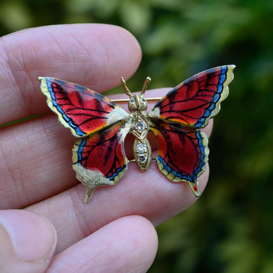 14k Vintage Gold Diamond & Enamel Butterfly Brooch