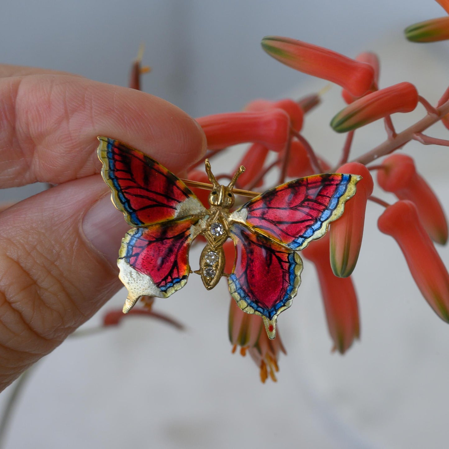 14k Vintage Gold Diamond & Enamel Butterfly Brooch