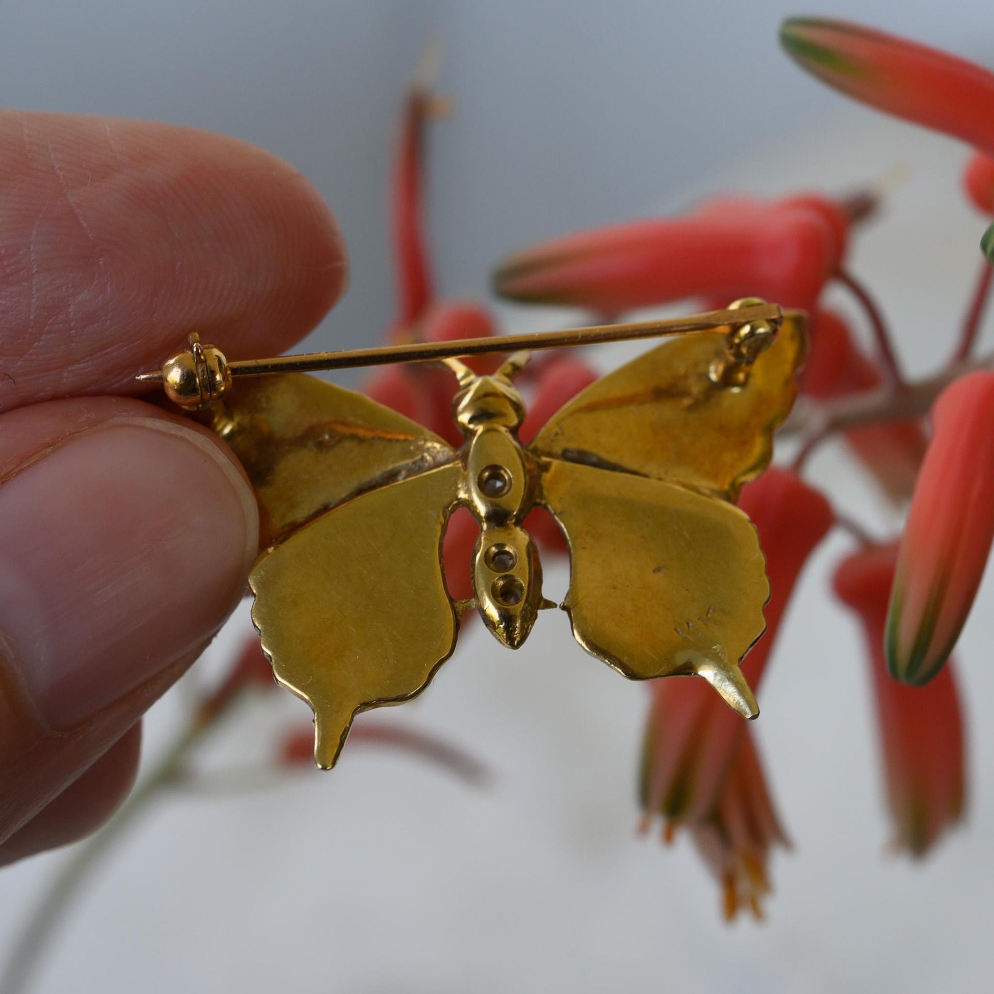 14k Vintage Gold Diamond & Enamel Butterfly Brooch