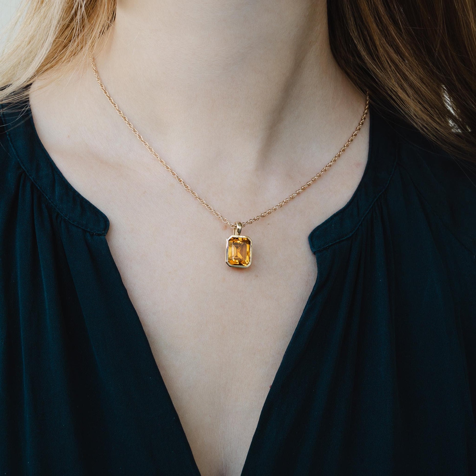 Stunning Citrine 14K Yellow Gold Necklace Charm – Choose with or without 14K Rope Chain