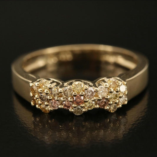 14K Gold Vintage Fancy Colored Diamond Cluster Ring, Size 5.75, Unique Deep Yellow & Brown Diamonds