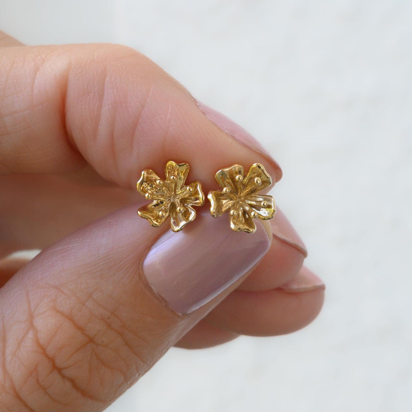 Solid 14K Gold Cherry Blossom Earrings | Dainty Handmade Floral Studs | 6mm Delicate Nature-Inspired Fine Jewelry