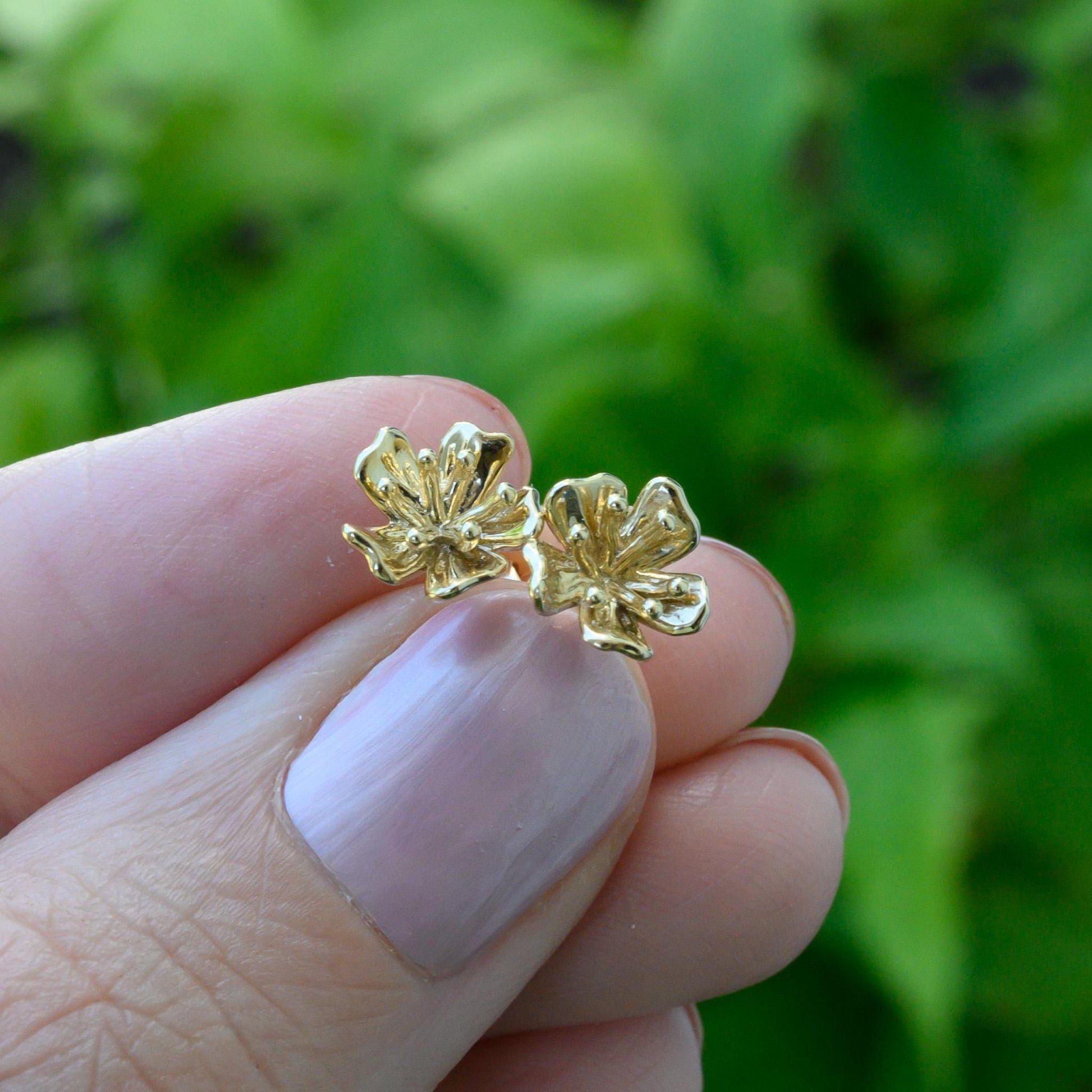 Solid 14K Gold Cherry Blossom Earrings | Dainty Handmade Floral Studs | 6mm Delicate Nature-Inspired Fine Jewelry