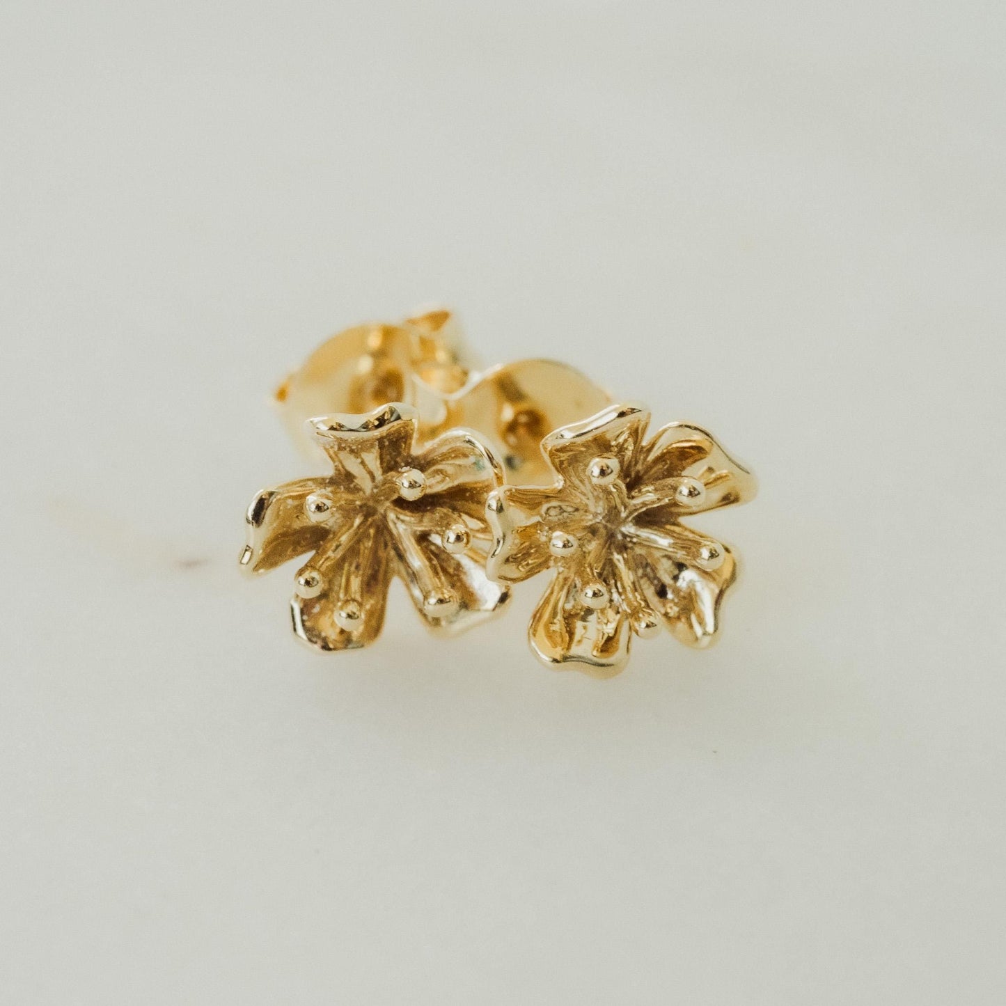 Solid 14K Gold Cherry Blossom Earrings | Dainty Handmade Floral Studs | 6mm Delicate Nature-Inspired Fine Jewelry