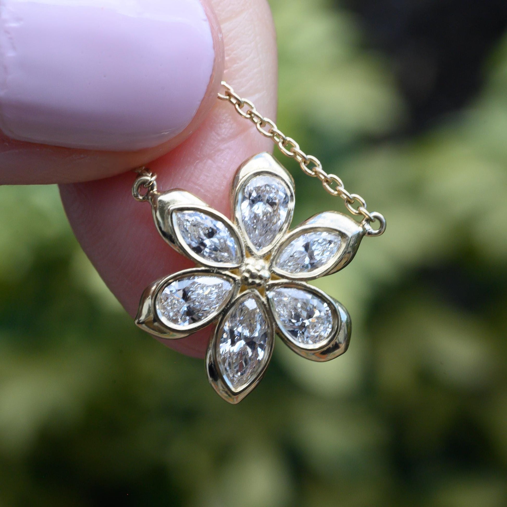Daisy Flower Diamond Necklace | 6 Diamonds | 6 Marquise & Pear Petal Pendant | 14K Yellow Gold | 16-18" 1mm Cable Chain