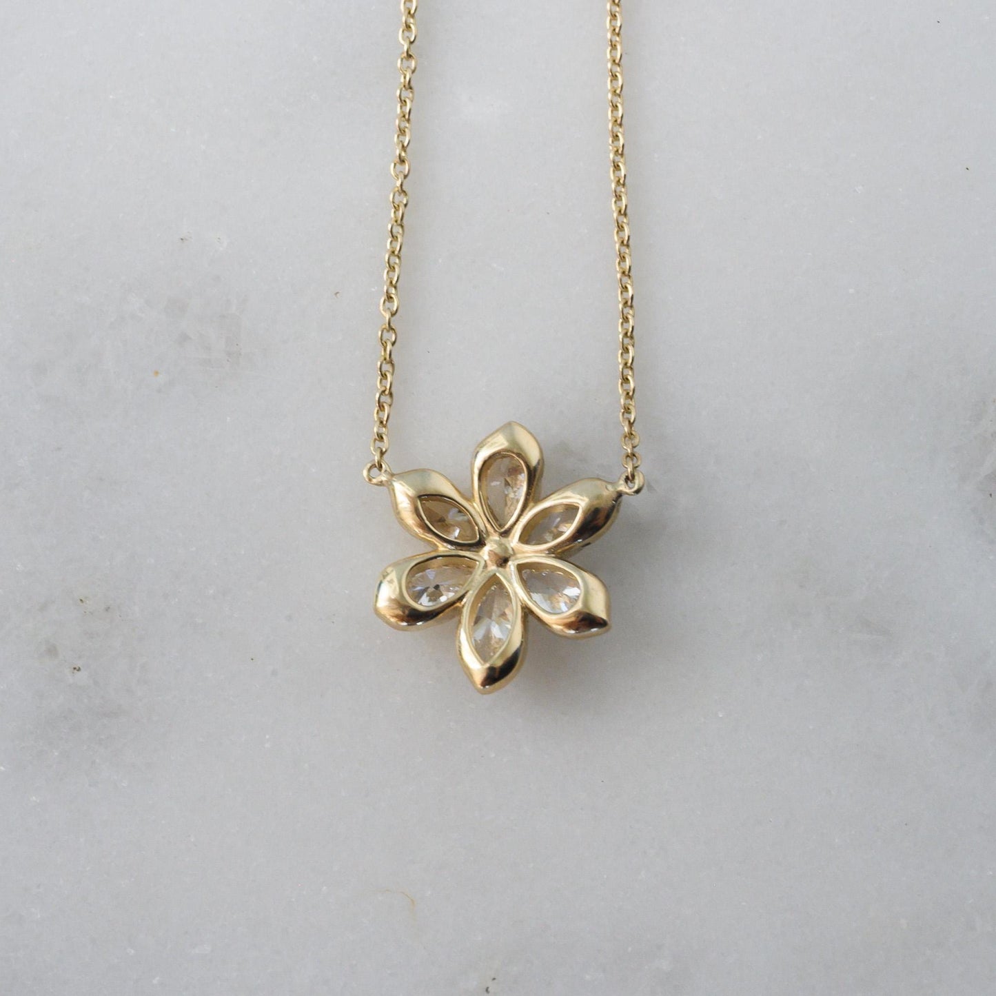 Daisy Flower Diamond Necklace | 6 Diamonds | 6 Marquise & Pear Petal Pendant | 14K Yellow Gold | 16-18" 1mm Cable Chain