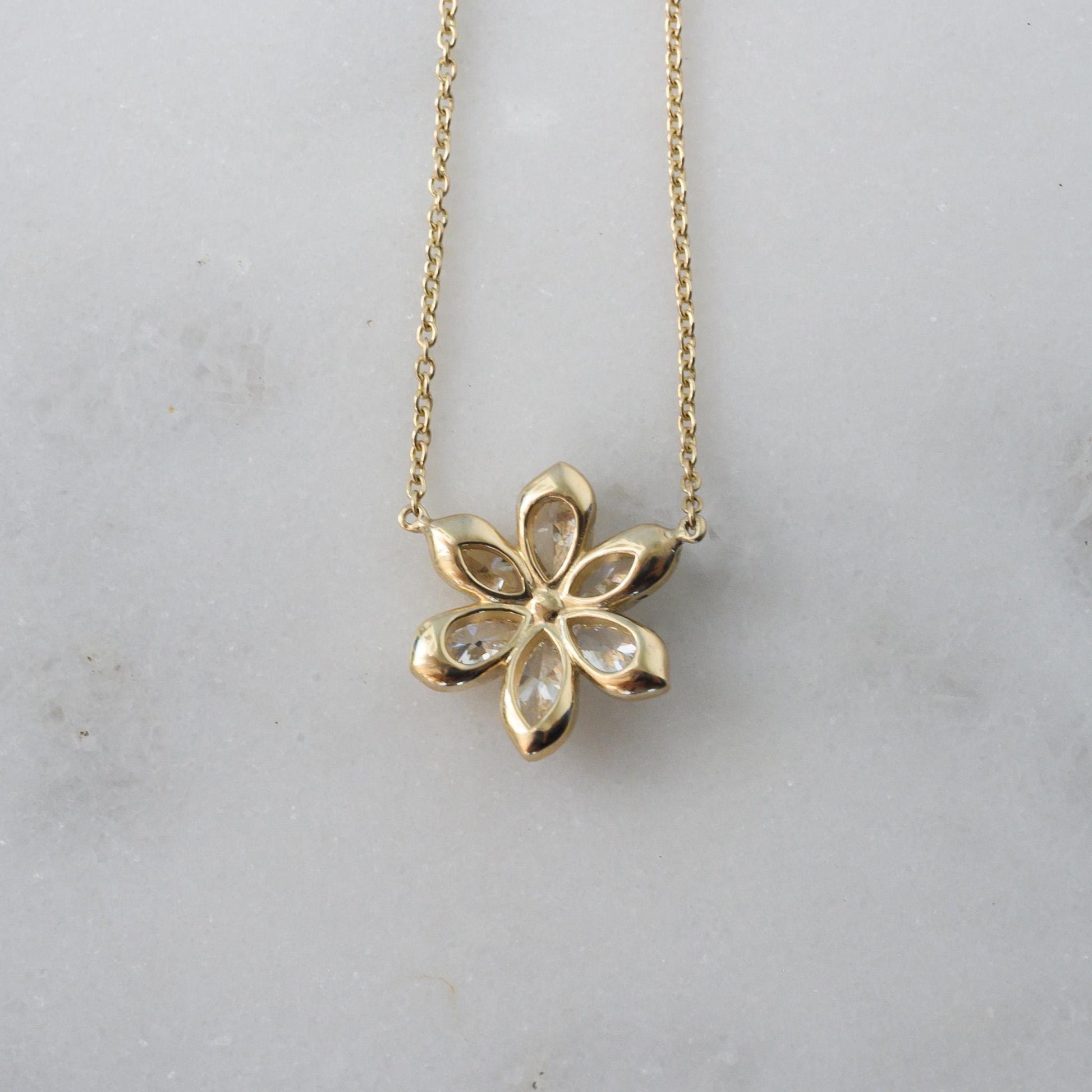 Daisy Flower Diamond Necklace | 6 Diamonds | 6 Marquise & Pear Petal Pendant | 14K Yellow Gold | 16-18" 1mm Cable Chain