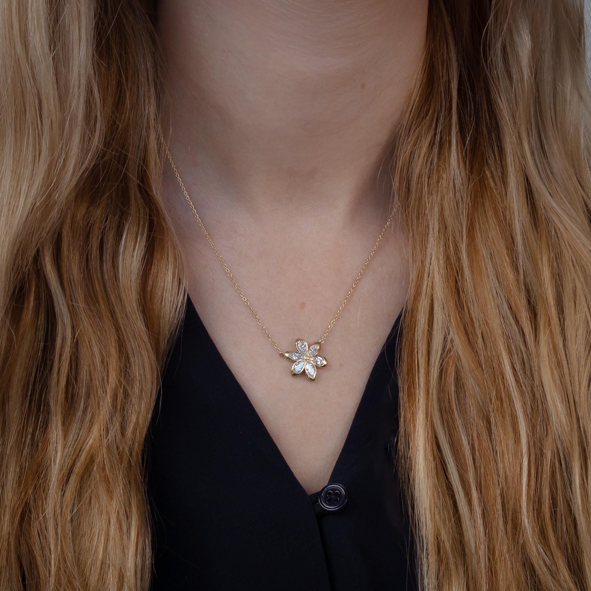 Daisy Flower Diamond Necklace | 6 Diamonds | 6 Marquise & Pear Petal Pendant | 14K Yellow Gold | 16-18" 1mm Cable Chain