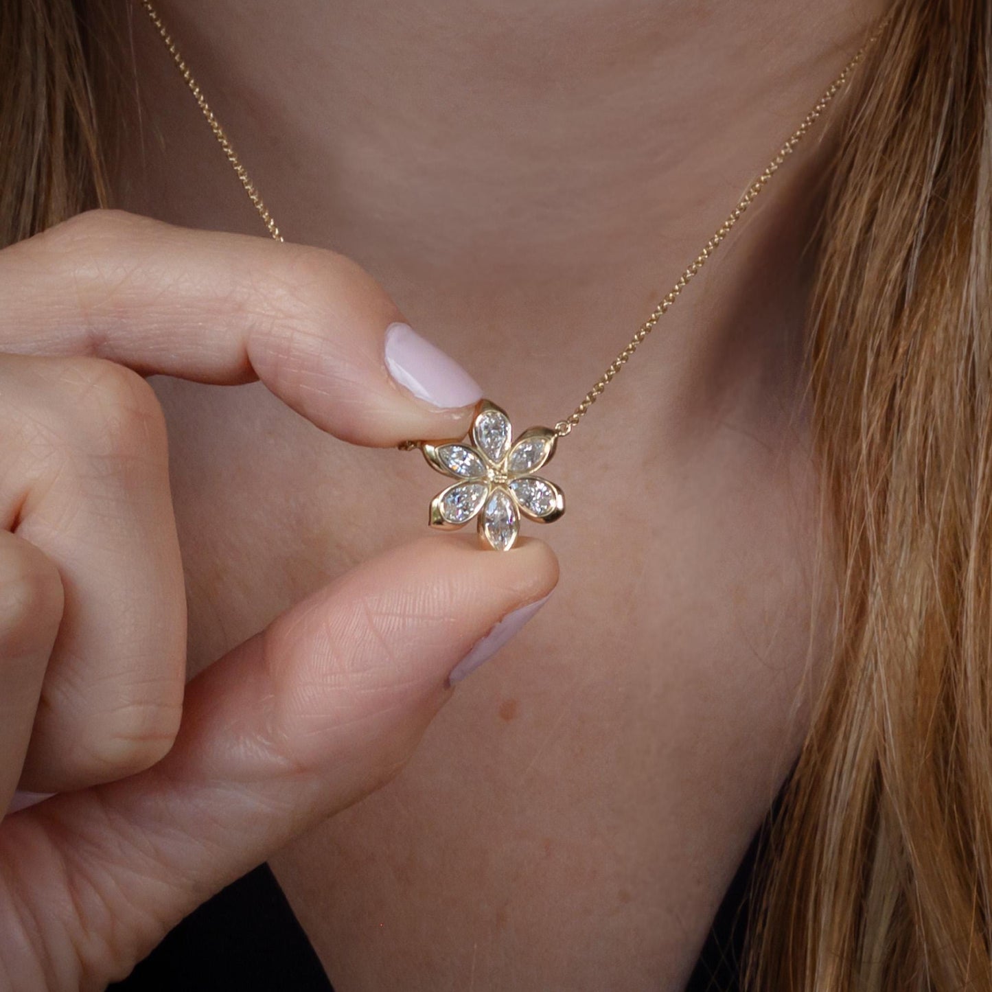 Daisy Flower Diamond Necklace | 6 Diamonds | 6 Marquise & Pear Petal Pendant | 14K Yellow Gold | 16-18" 1mm Cable Chain