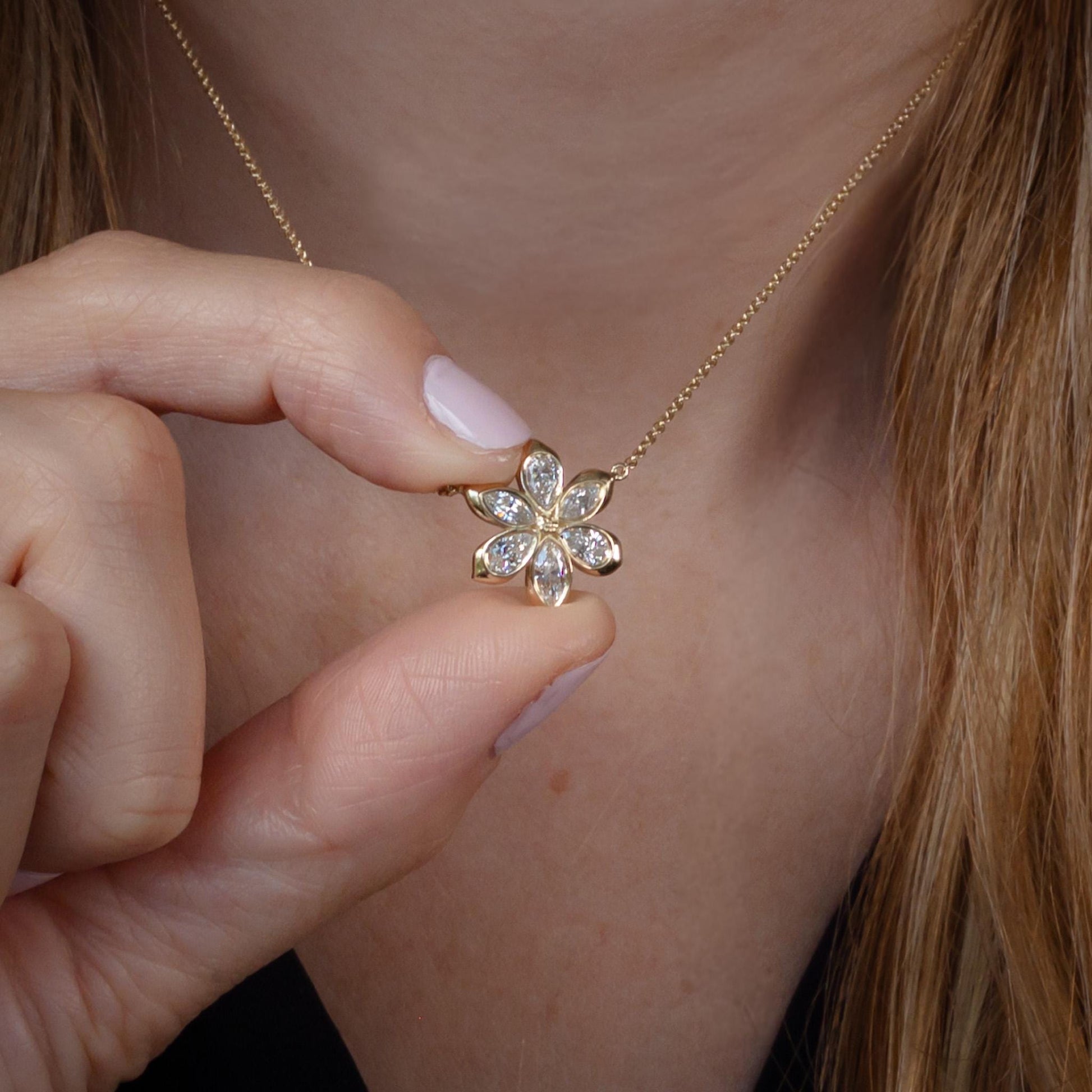 Daisy Flower Diamond Necklace | 6 Diamonds | 6 Marquise & Pear Petal Pendant | 14K Yellow Gold | 16-18" 1mm Cable Chain