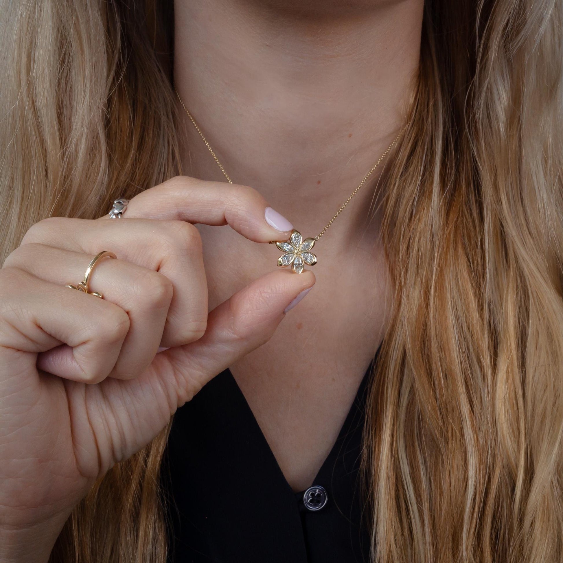 Daisy Flower Diamond Necklace | 6 Diamonds | 6 Marquise & Pear Petal Pendant | 14K Yellow Gold | 16-18" 1mm Cable Chain