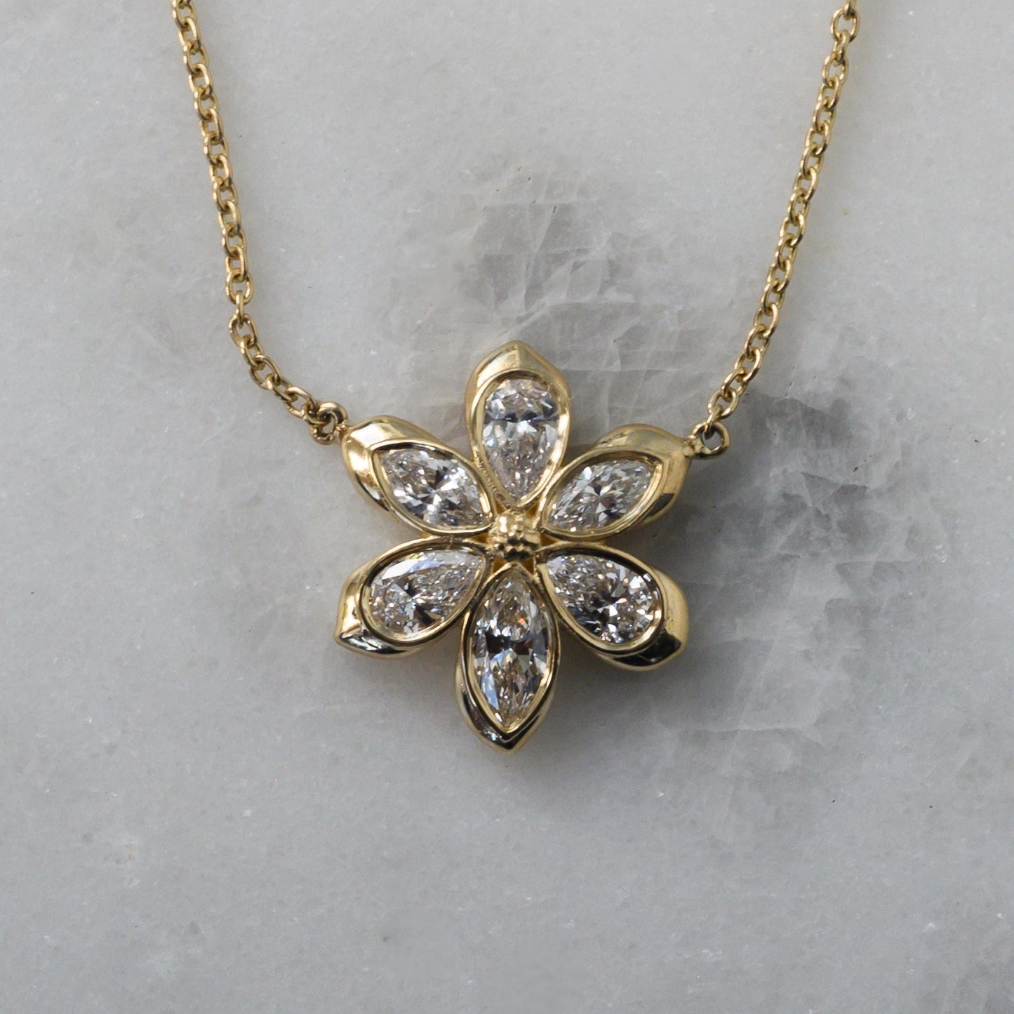 Daisy Flower Diamond Necklace | 6 Diamonds | 6 Marquise & Pear Petal Pendant | 14K Yellow Gold | 16-18" 1mm Cable Chain