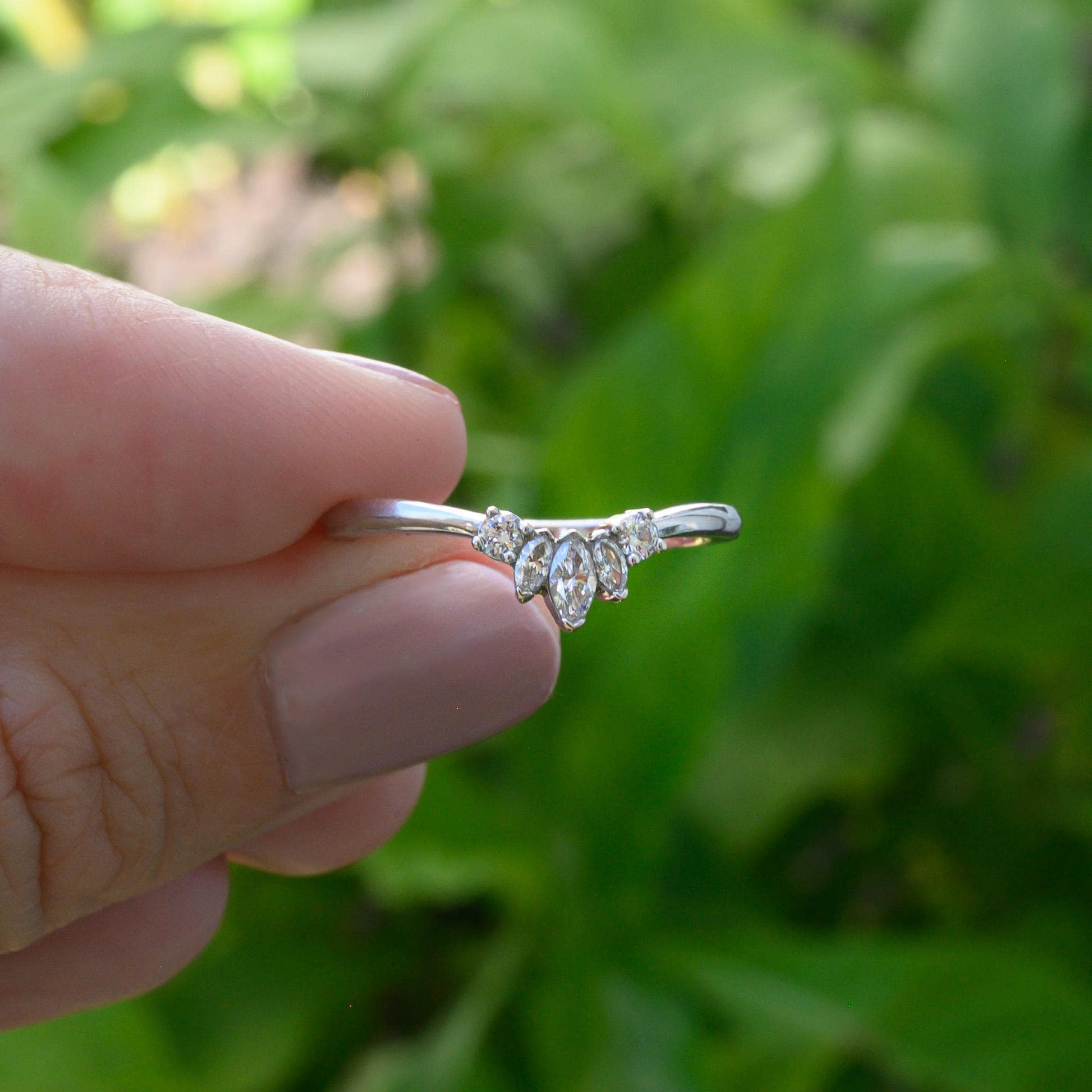 Diamond tiara, contor ring size 7, engagement ring enhancer, marquis and round natural diamonds, 14K white gold