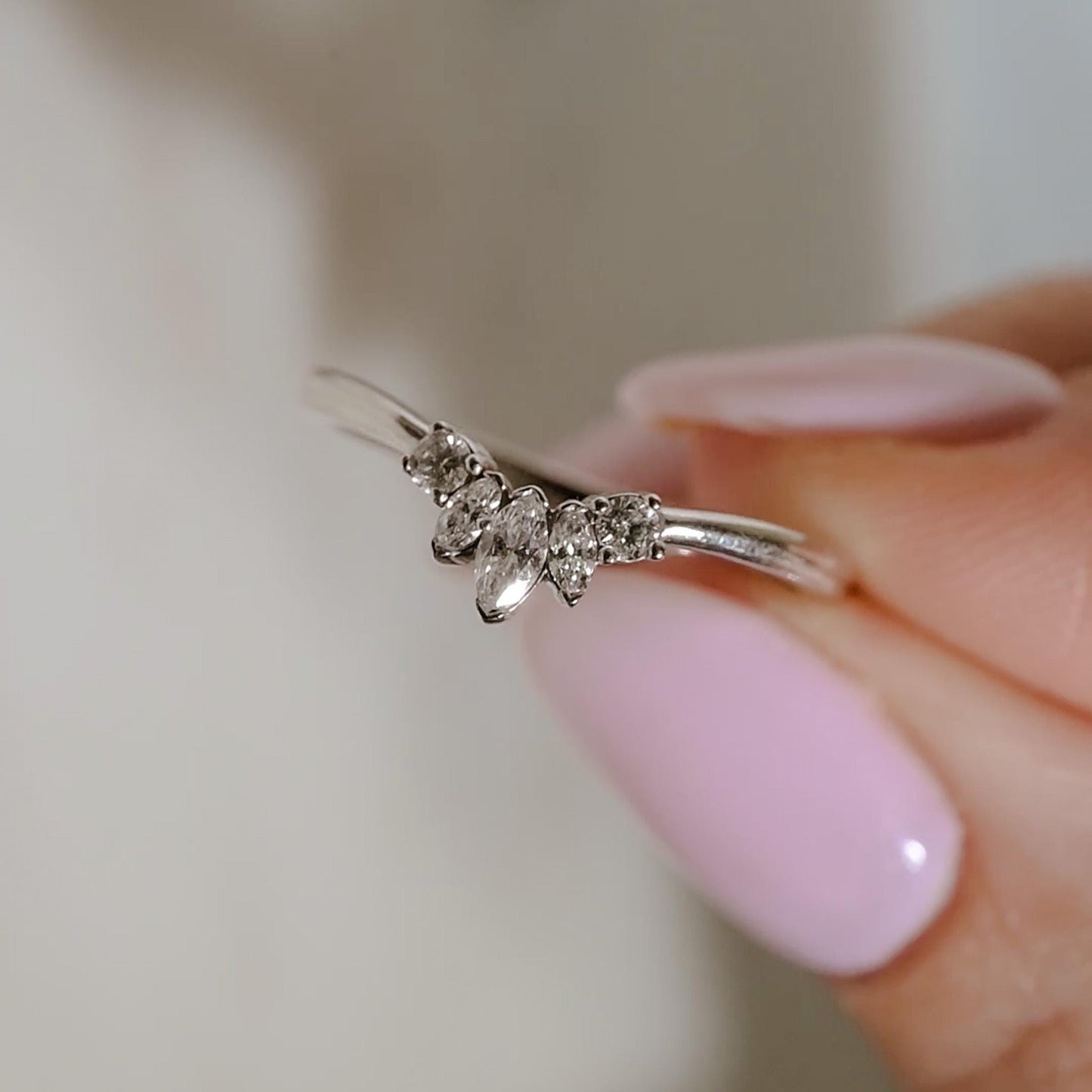 Diamond tiara, contor ring size 7, engagement ring enhancer, marquis and round natural diamonds, 14K white gold