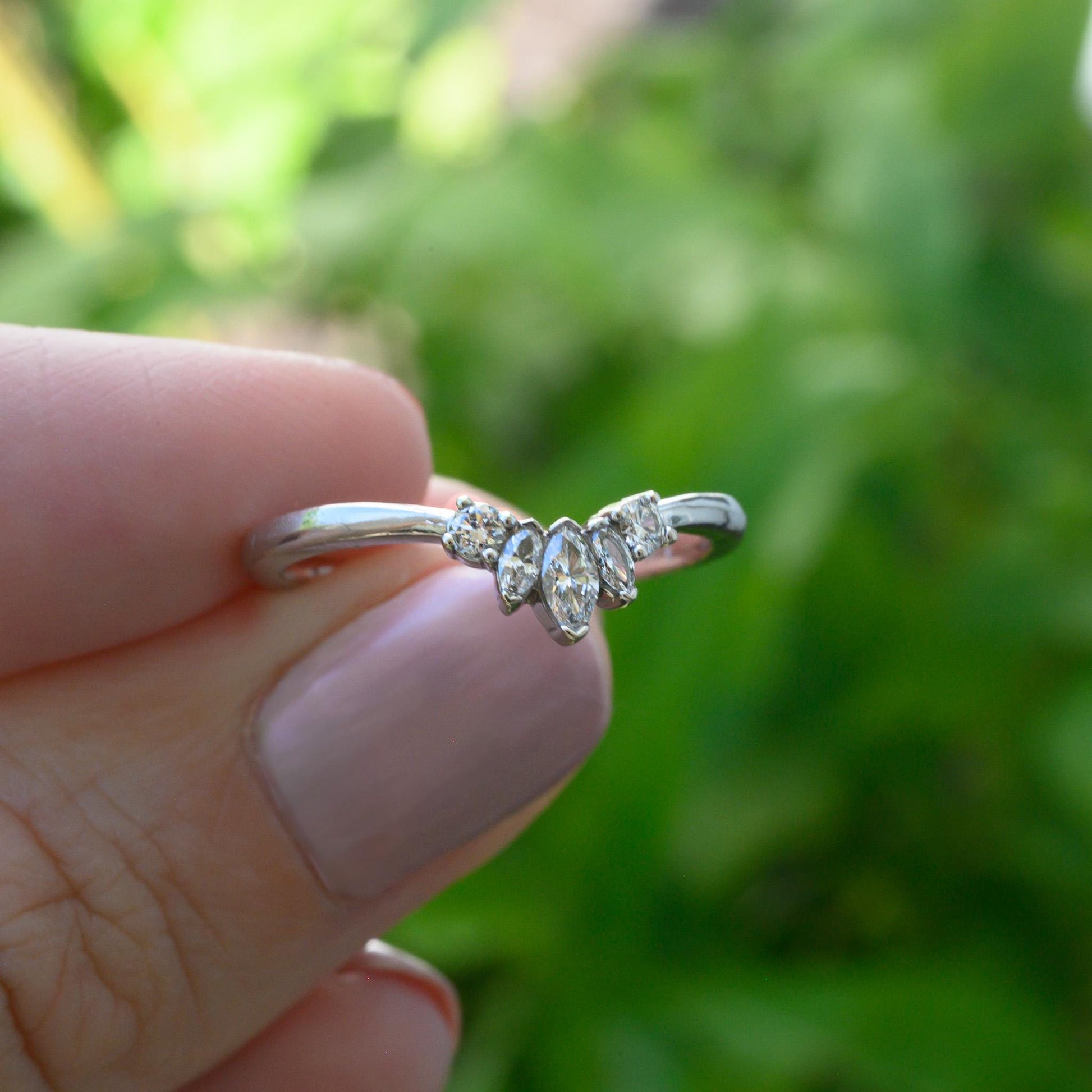 Diamond tiara, contor ring size 7, engagement ring enhancer, marquis and round natural diamonds, 14K white gold