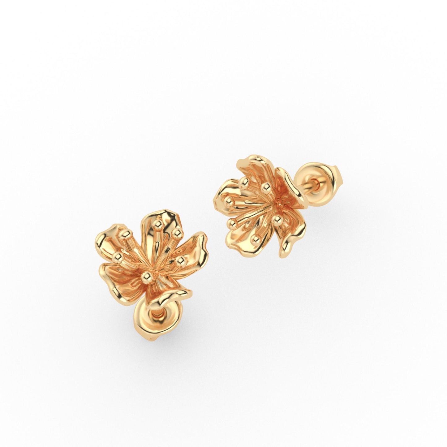 Solid 14K Gold Cherry Blossom Earrings | Dainty Handmade Floral Studs | 6mm Delicate Nature-Inspired Fine Jewelry