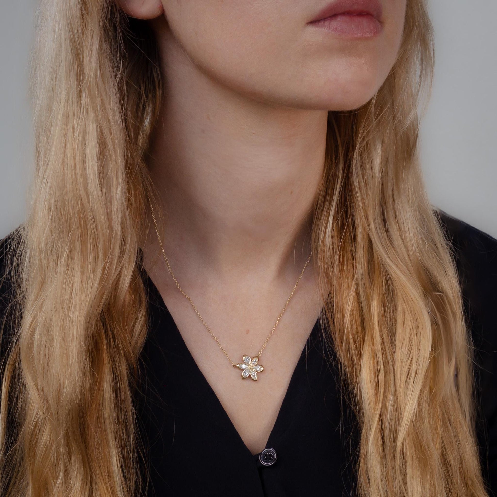 Daisy Flower Diamond Necklace | 6 Diamonds | 6 Marquise & Pear Petal Pendant | 14K Yellow Gold | 16-18" 1mm Cable Chain