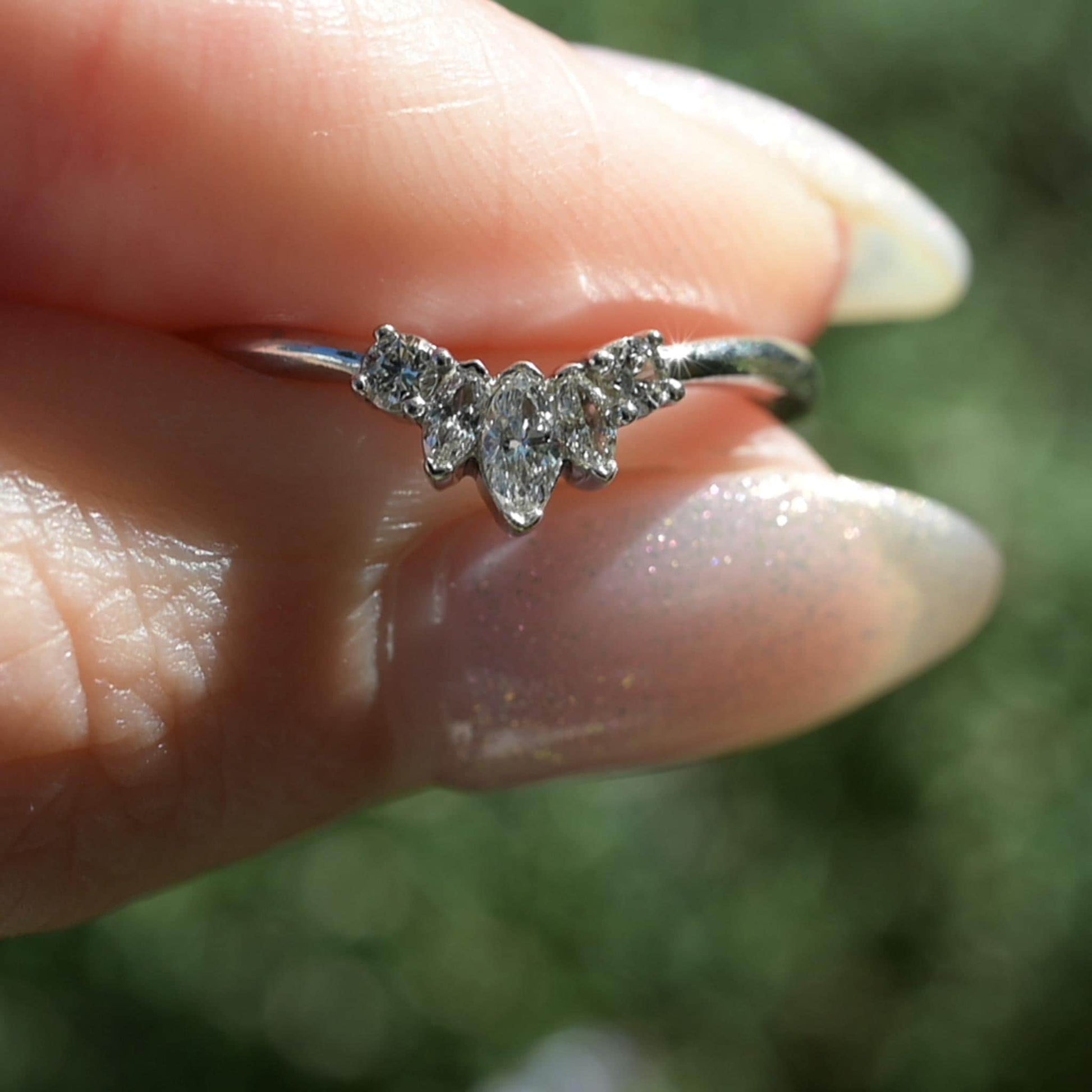 Diamond tiara, contor ring size 7, engagement ring enhancer, marquis and round natural diamonds, 14K white gold