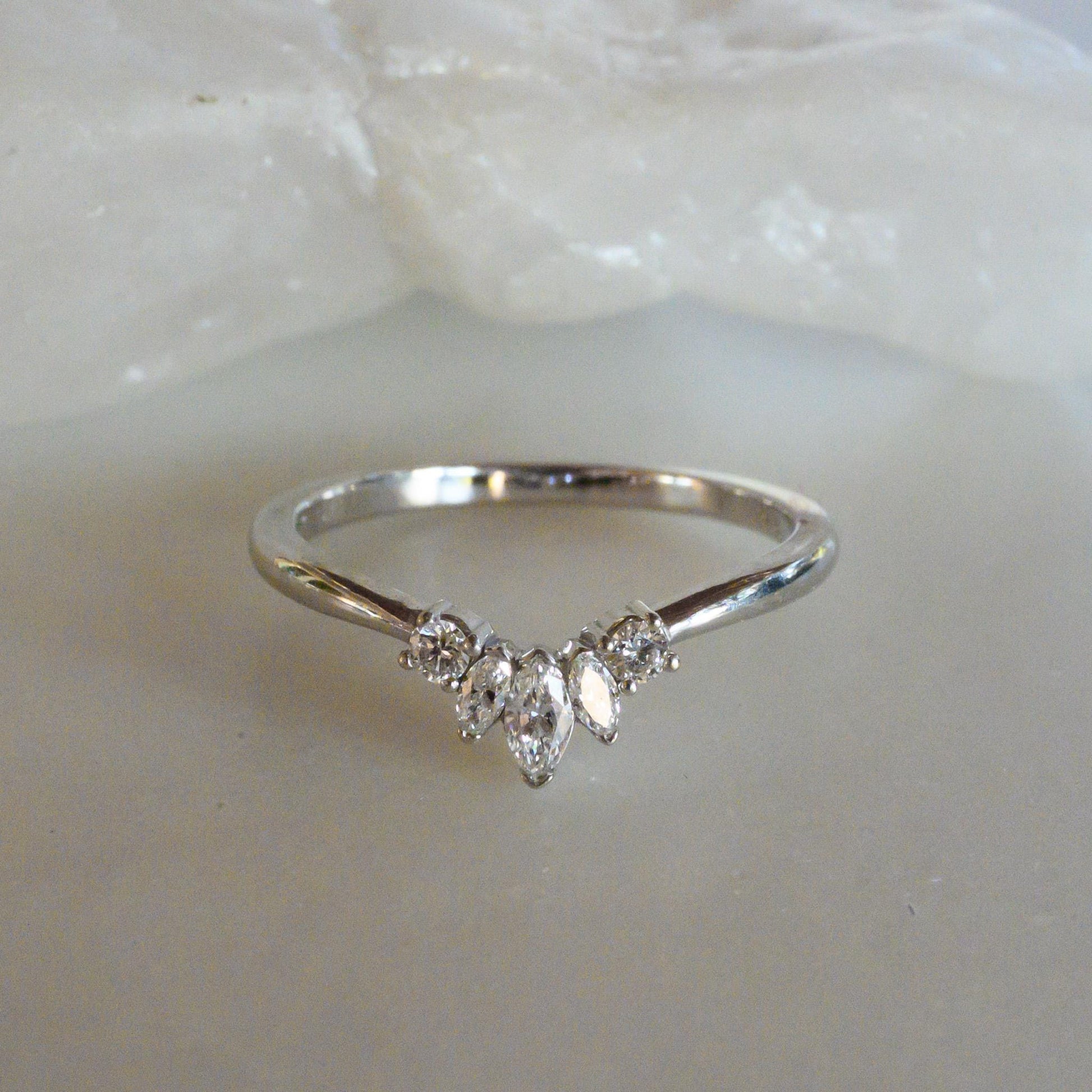 Diamond tiara, contor ring size 7, engagement ring enhancer, marquis and round natural diamonds, 14K white gold