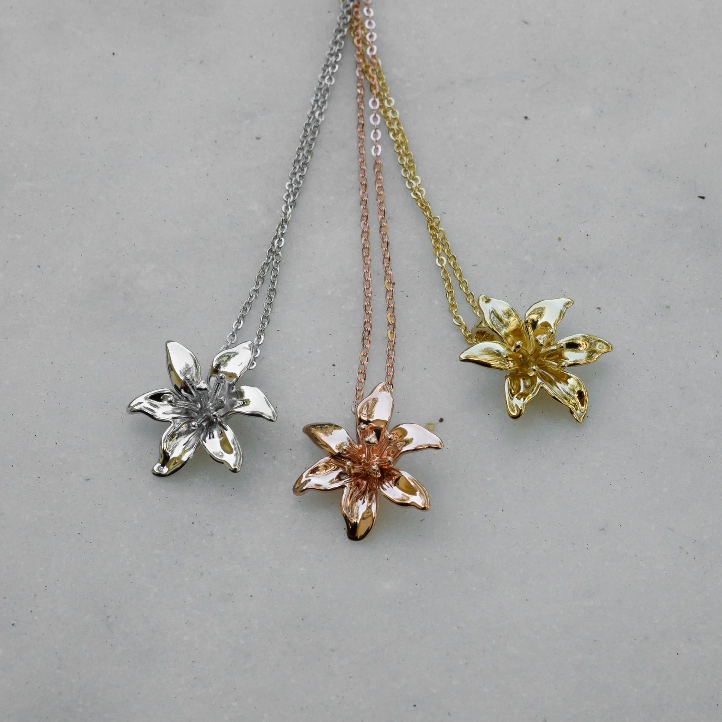 Lily Pendant Necklace: 3D Printed Floral Jewelry, Gold Plate, Silver, Vermeil