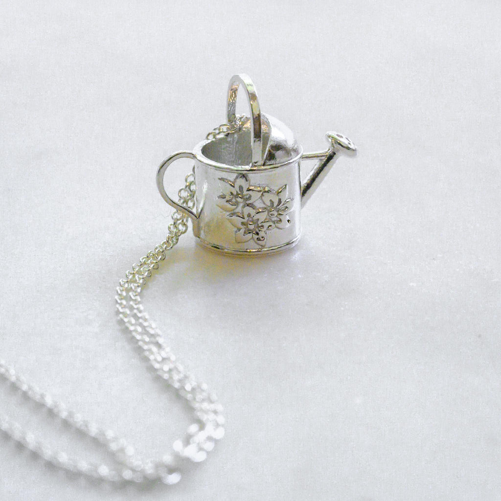Watering Can, with flowers, old-fashioned vintage inspired gardener's necklace in solid silver