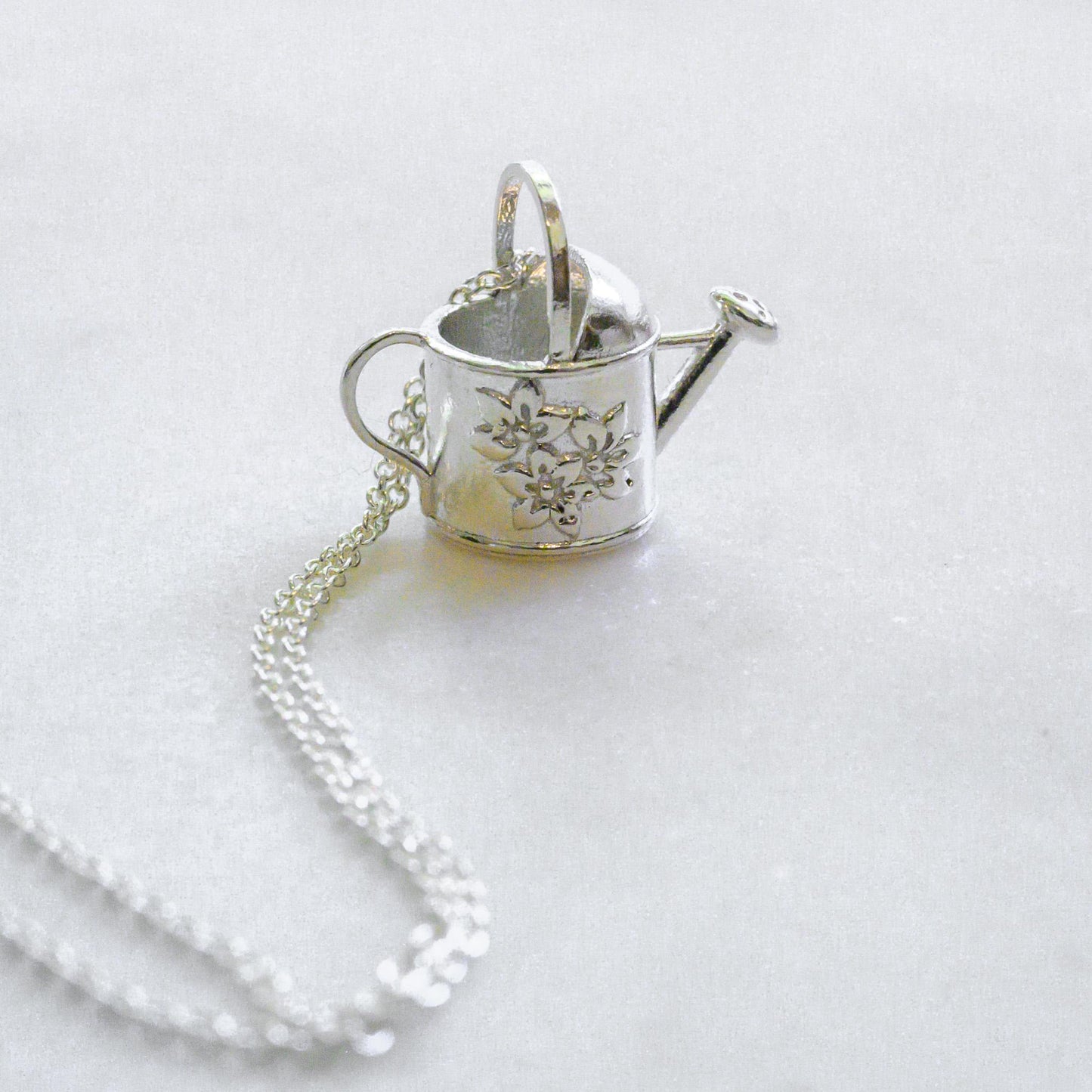 Watering Can, with flowers, old-fashioned vintage inspired gardener's necklace in solid silver