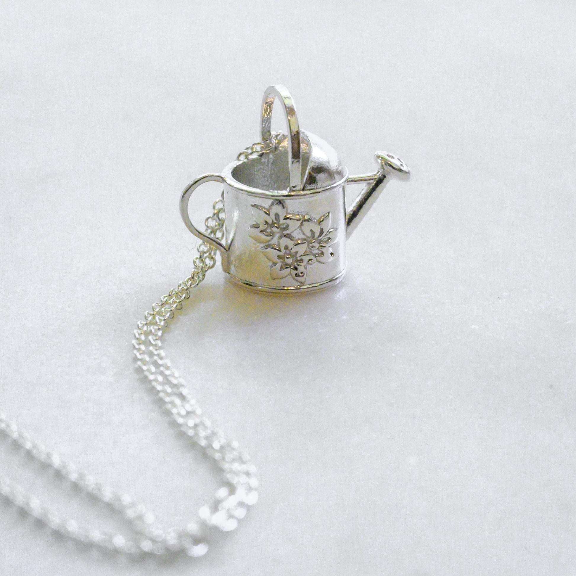 Watering Can, with flowers, old-fashioned vintage inspired gardener's necklace in solid silver