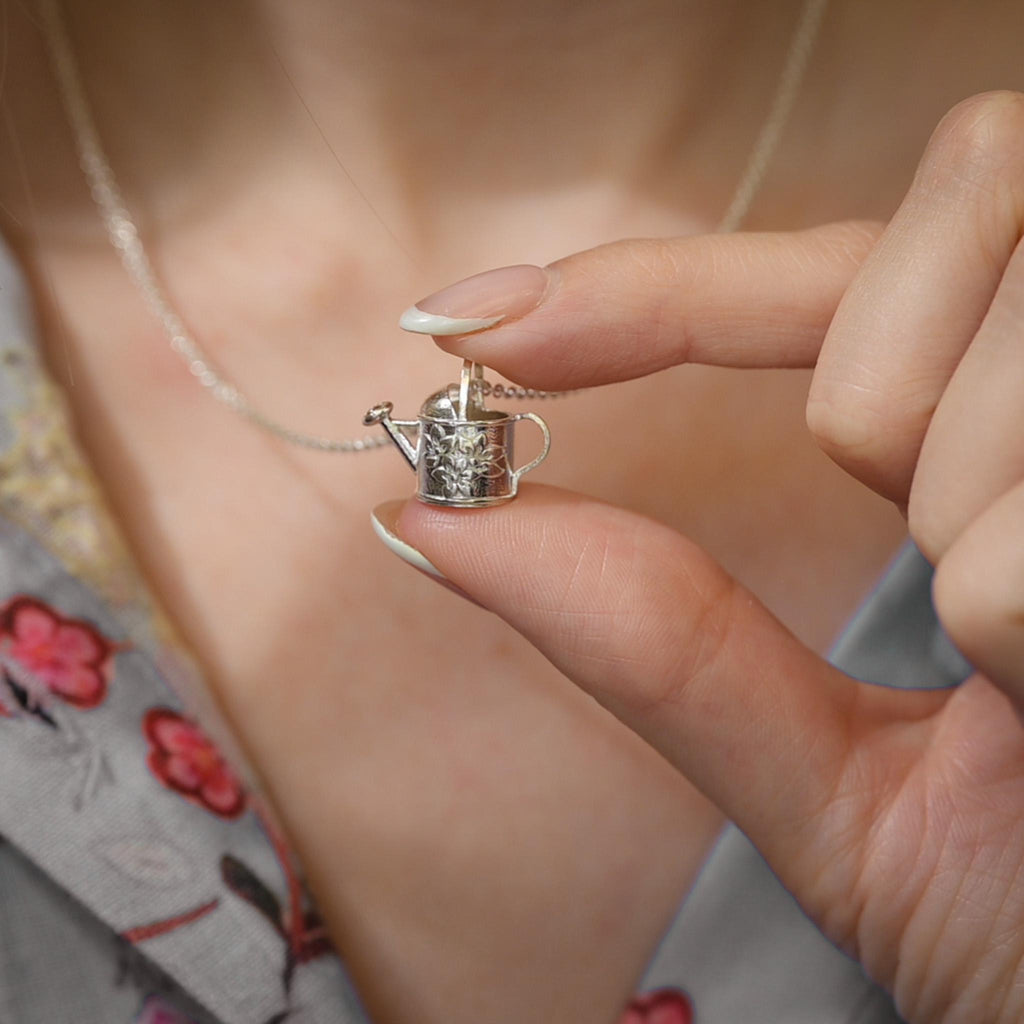 Watering Can, with flowers, old-fashioned vintage inspired gardener's necklace in solid silver