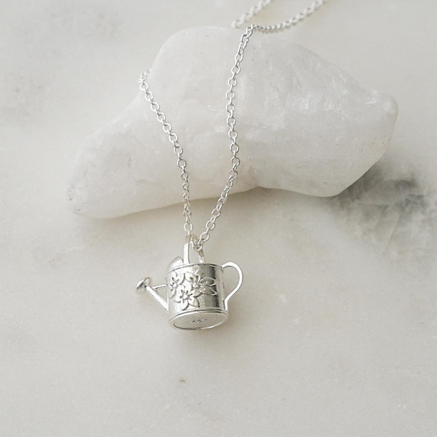 Watering Can, with flowers, old-fashioned vintage inspired gardener's necklace in solid silver