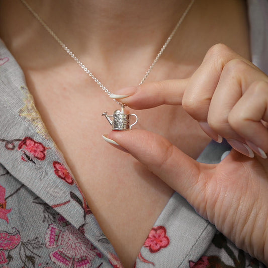 Watering Can, with flowers, old-fashioned vintage inspired gardener's necklace in solid silver