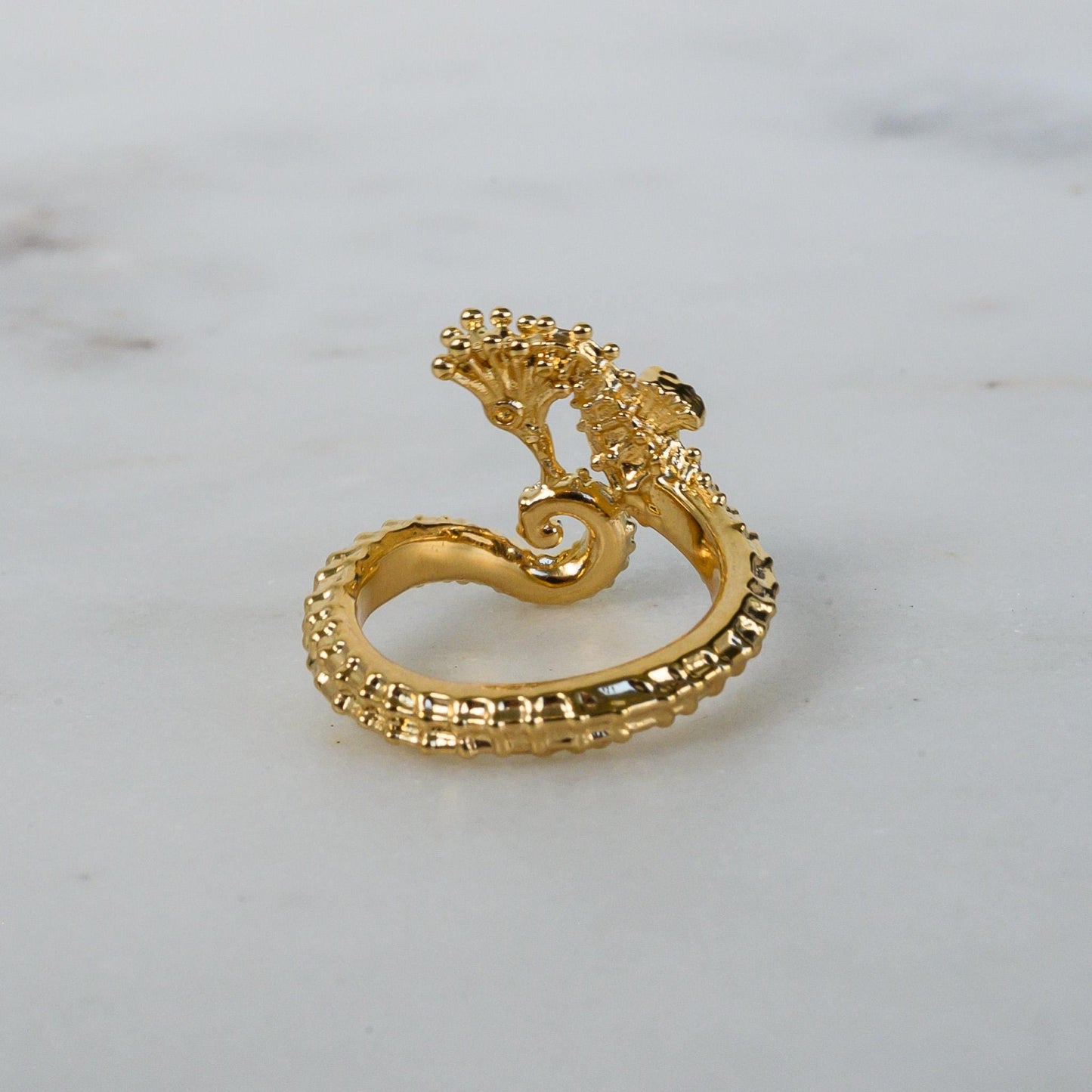 3D Seahorse Ring in 14k Extra-thick gold Plate or Solid Silver, Adjustable Realistic