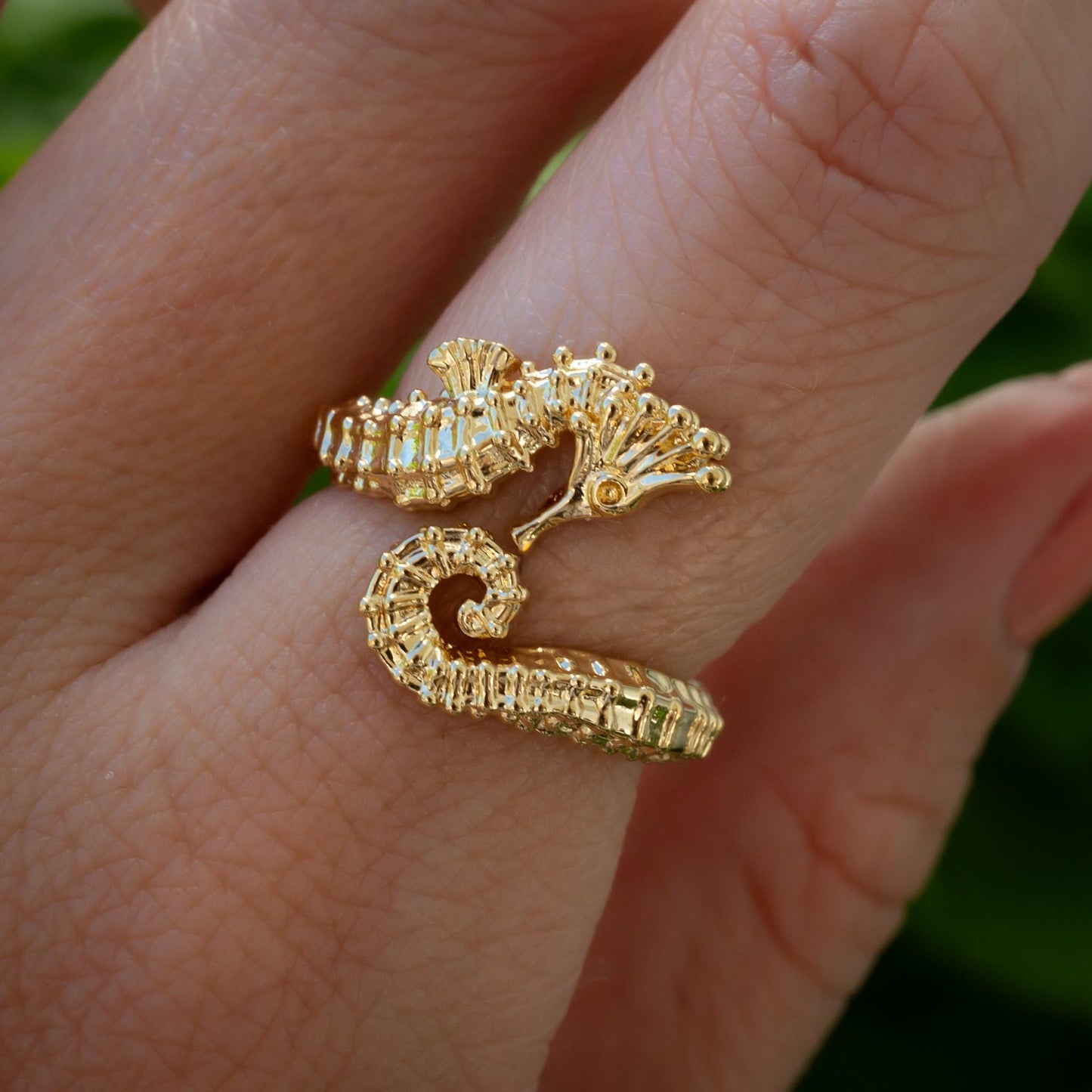 3D Seahorse Ring in 14k Extra-thick gold Plate or Solid Silver, Adjustable Realistic
