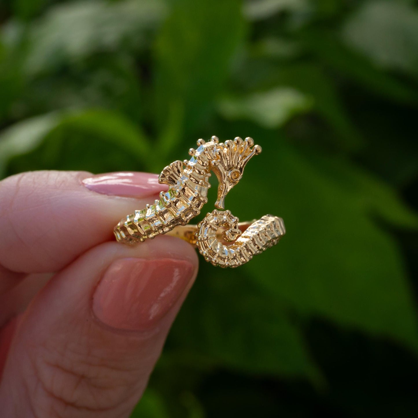 3D Seahorse Ring in 14k Extra-thick gold Plate or Solid Silver, Adjustable Realistic