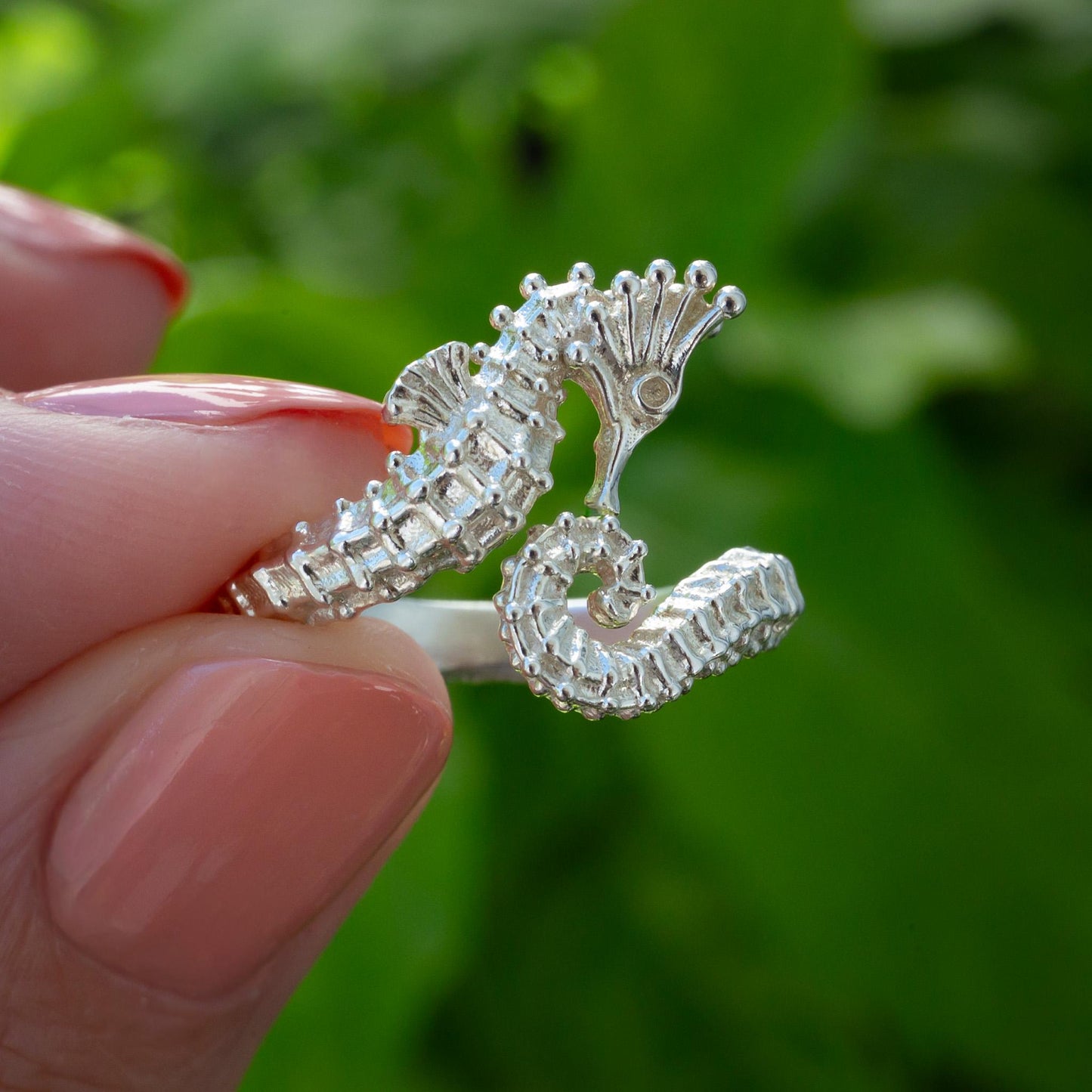 3D Seahorse Ring in 14k Extra-thick gold Plate or Solid Silver, Adjustable Realistic