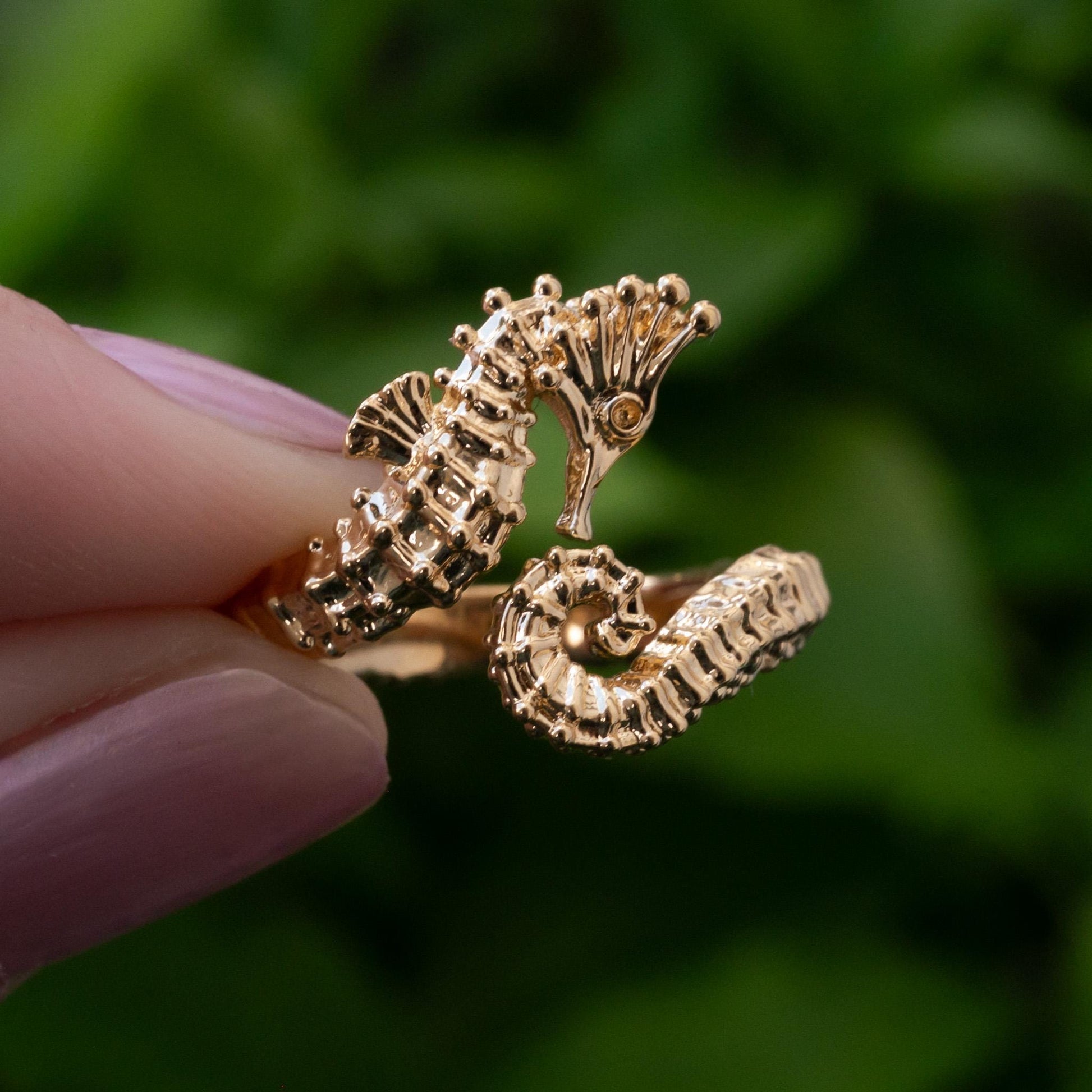 3D Seahorse Ring in 14k Extra-thick gold Plate or Solid Silver, Adjustable Realistic